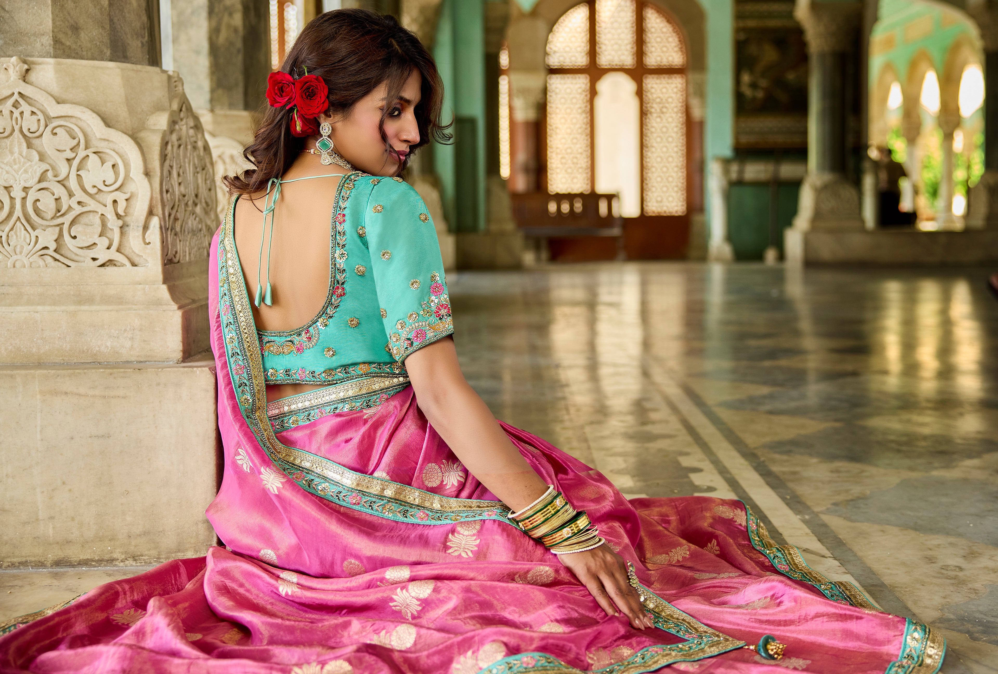Royal Pink Saree | Golden Motif Detailing with Turquoise Contrast Blouse - Krishree