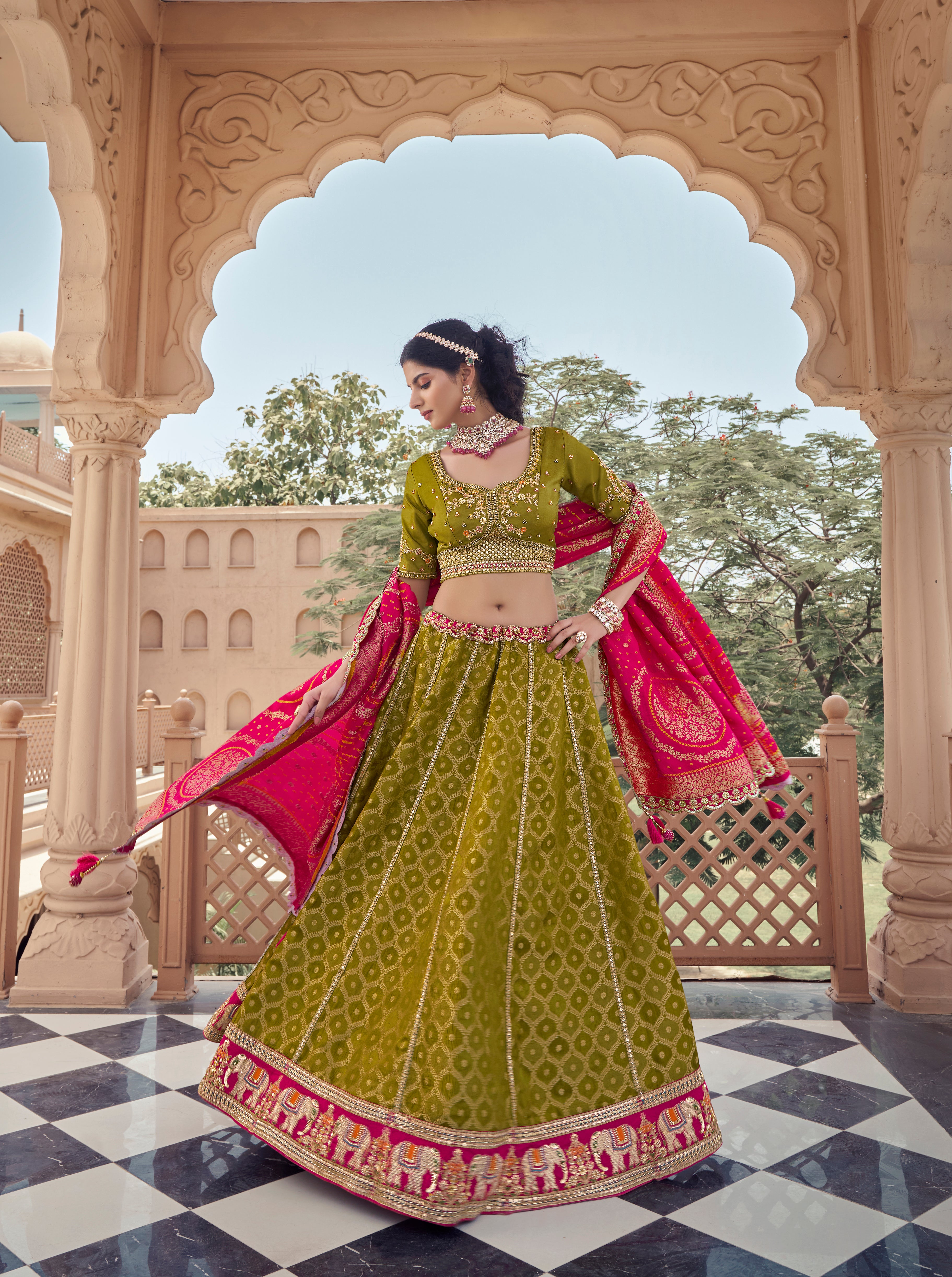Traditional Lime Green Lehenga Set with Multicolor Border & Dupatta - Krishree