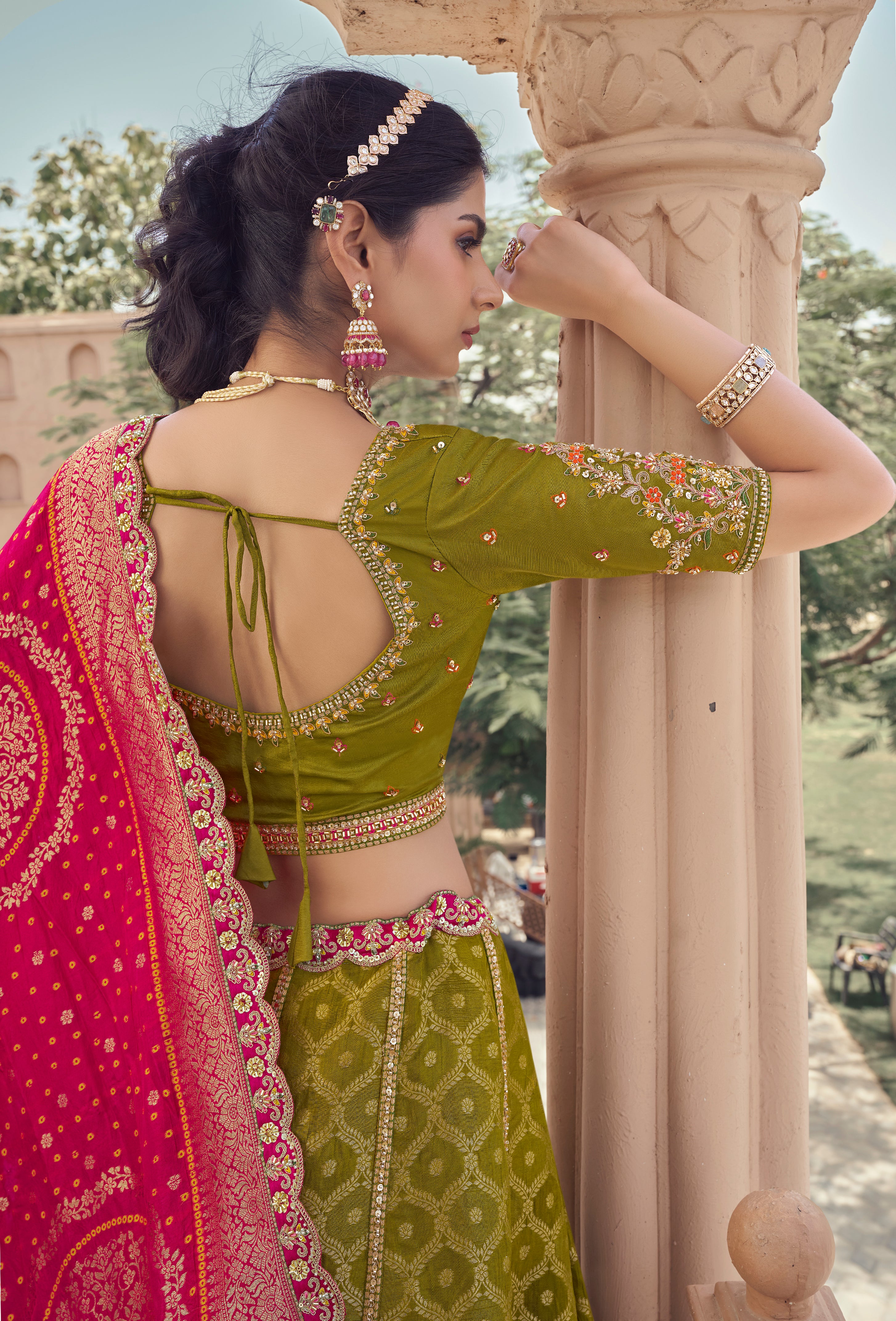 Traditional Lime Green Lehenga Set with Multicolor Border & Dupatta - Krishree