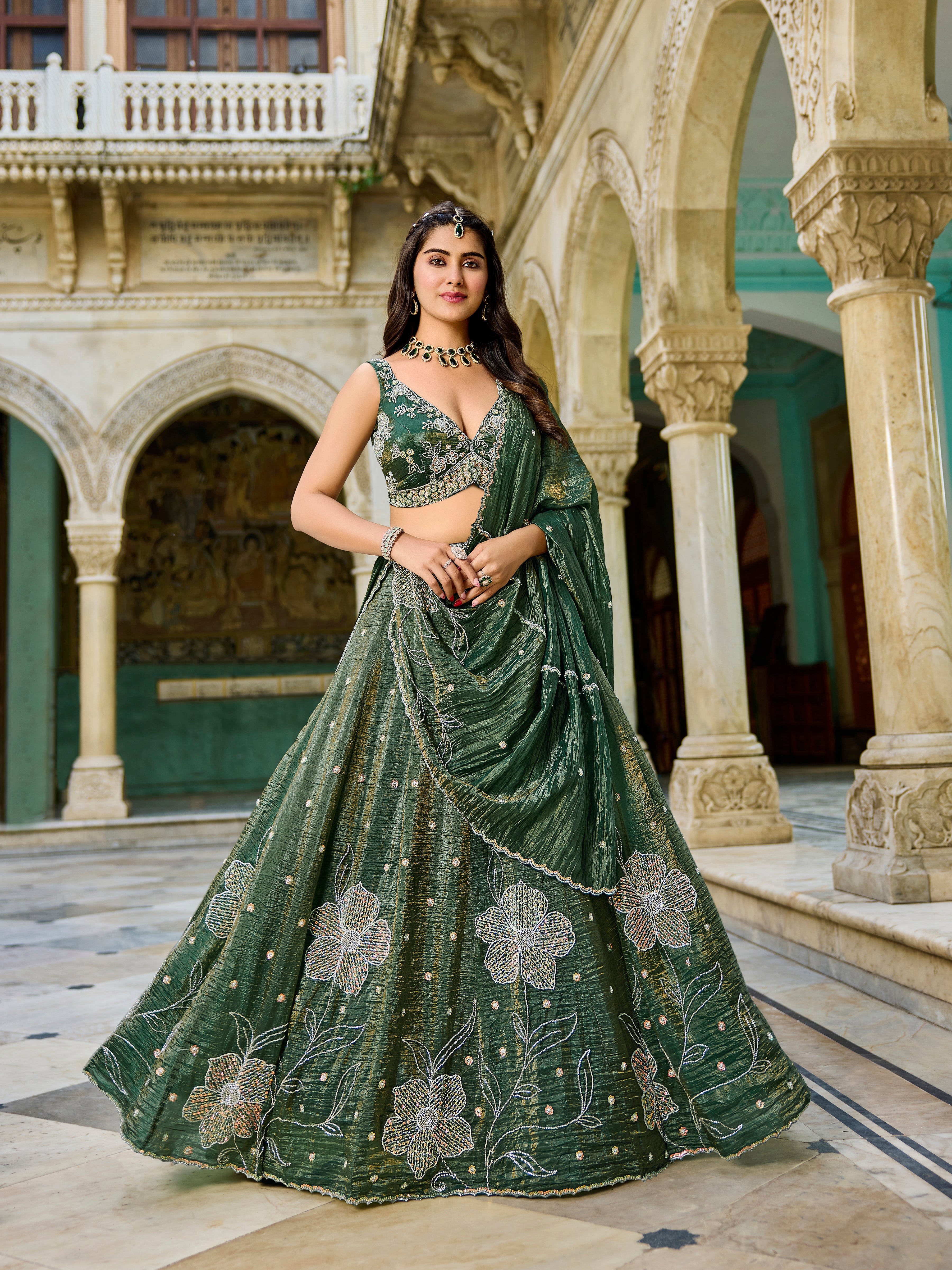 Designer Green Gold Crush Lehenga Choli Set – Floral Embroidery, Festive Ethnic Wear - Krishree