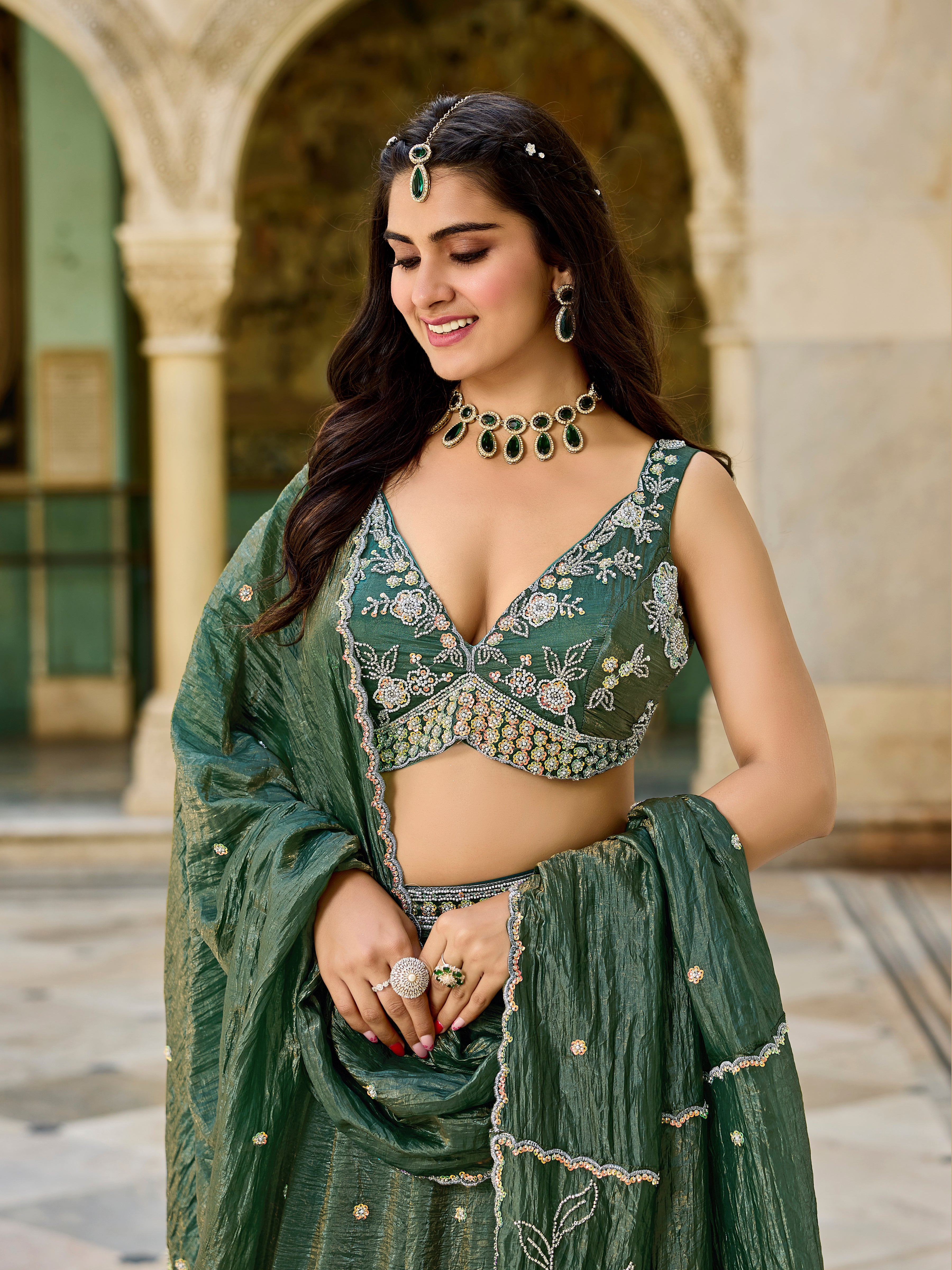 Designer Green Gold Crush Lehenga Choli Set – Floral Embroidery, Festive Ethnic Wear - Krishree