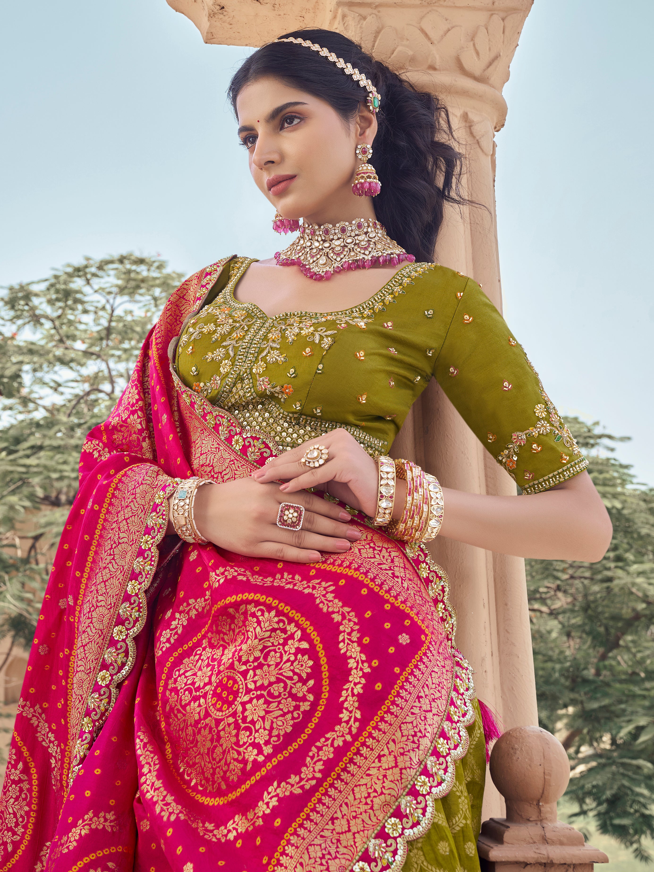 Traditional Lime Green Lehenga Set with Multicolor Border & Dupatta - Krishree