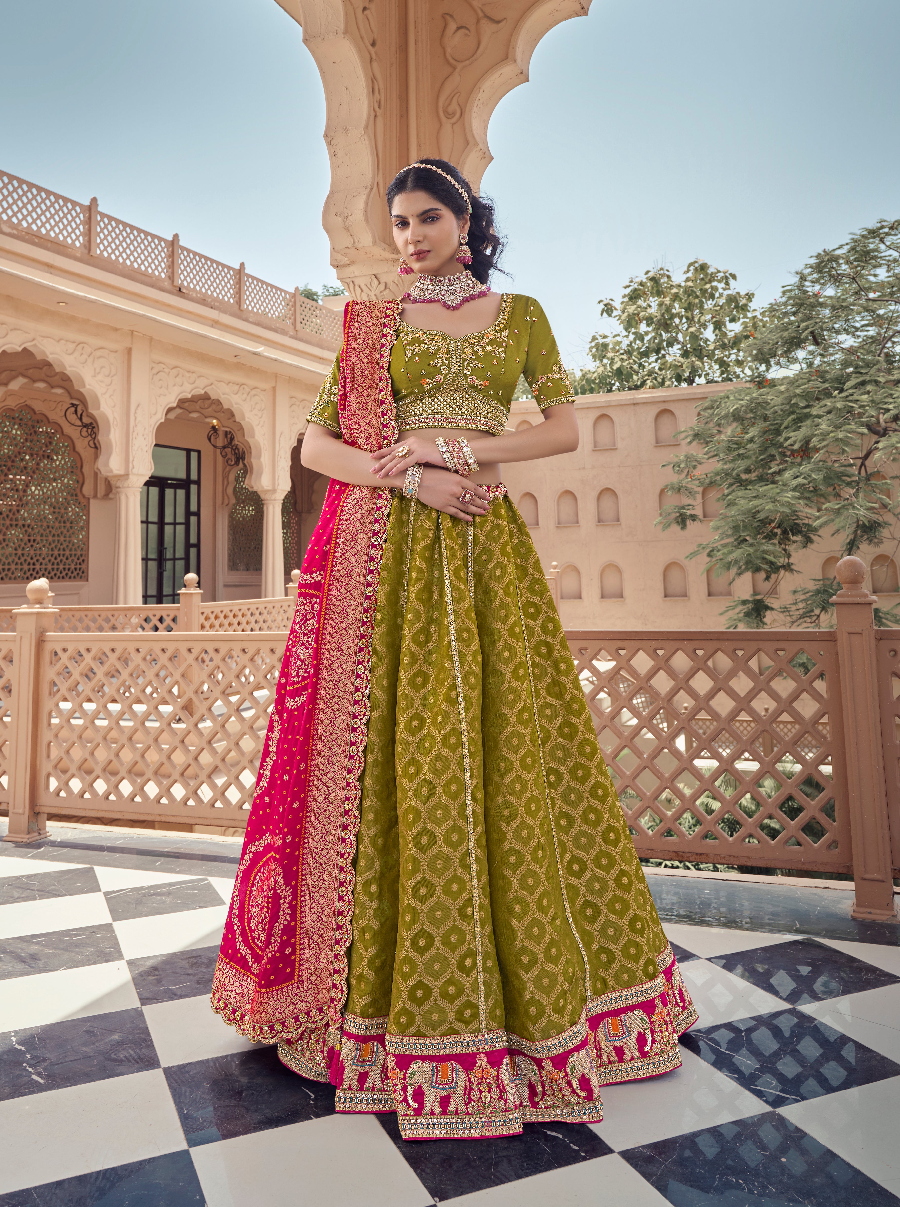 Traditional Lime Green Lehenga Set with Multicolor Border & Dupatta - Krishree