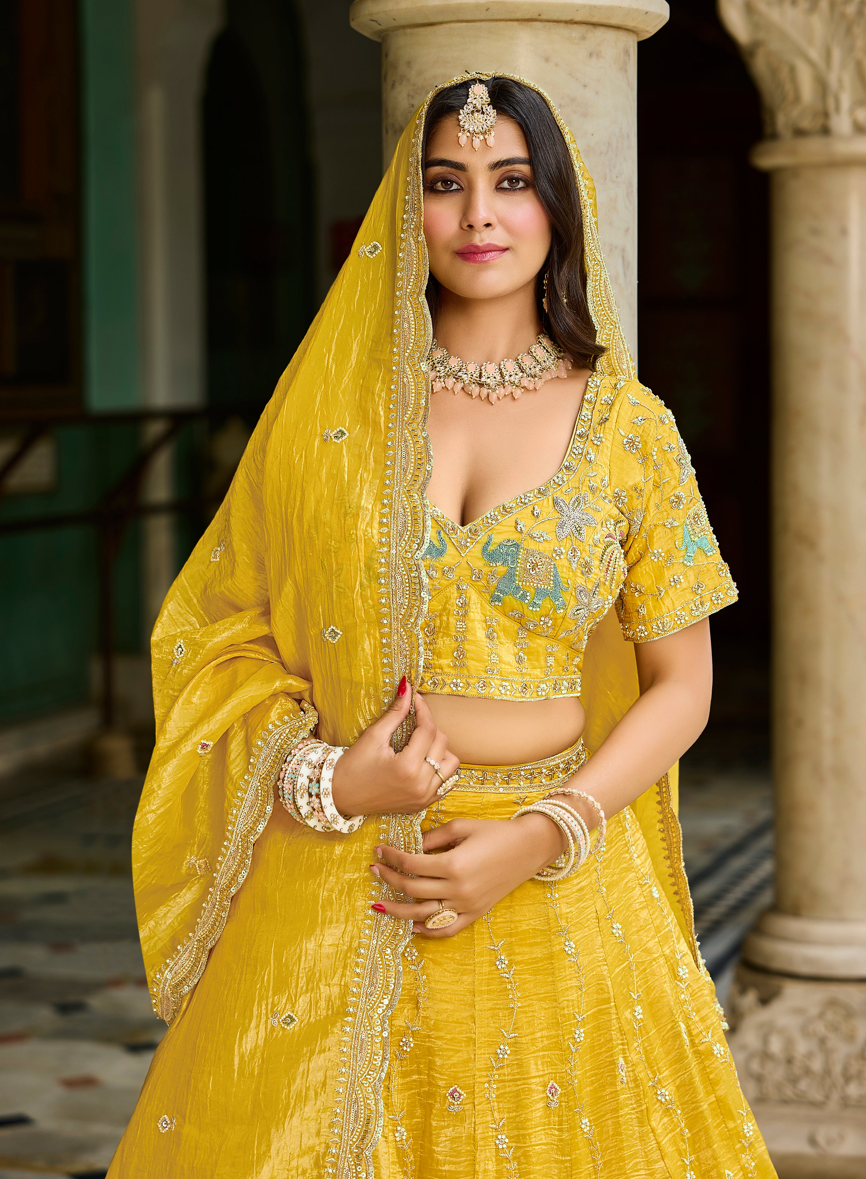 Yellow Tissue Lehenga – Bridal & Festive Wear - Krishree