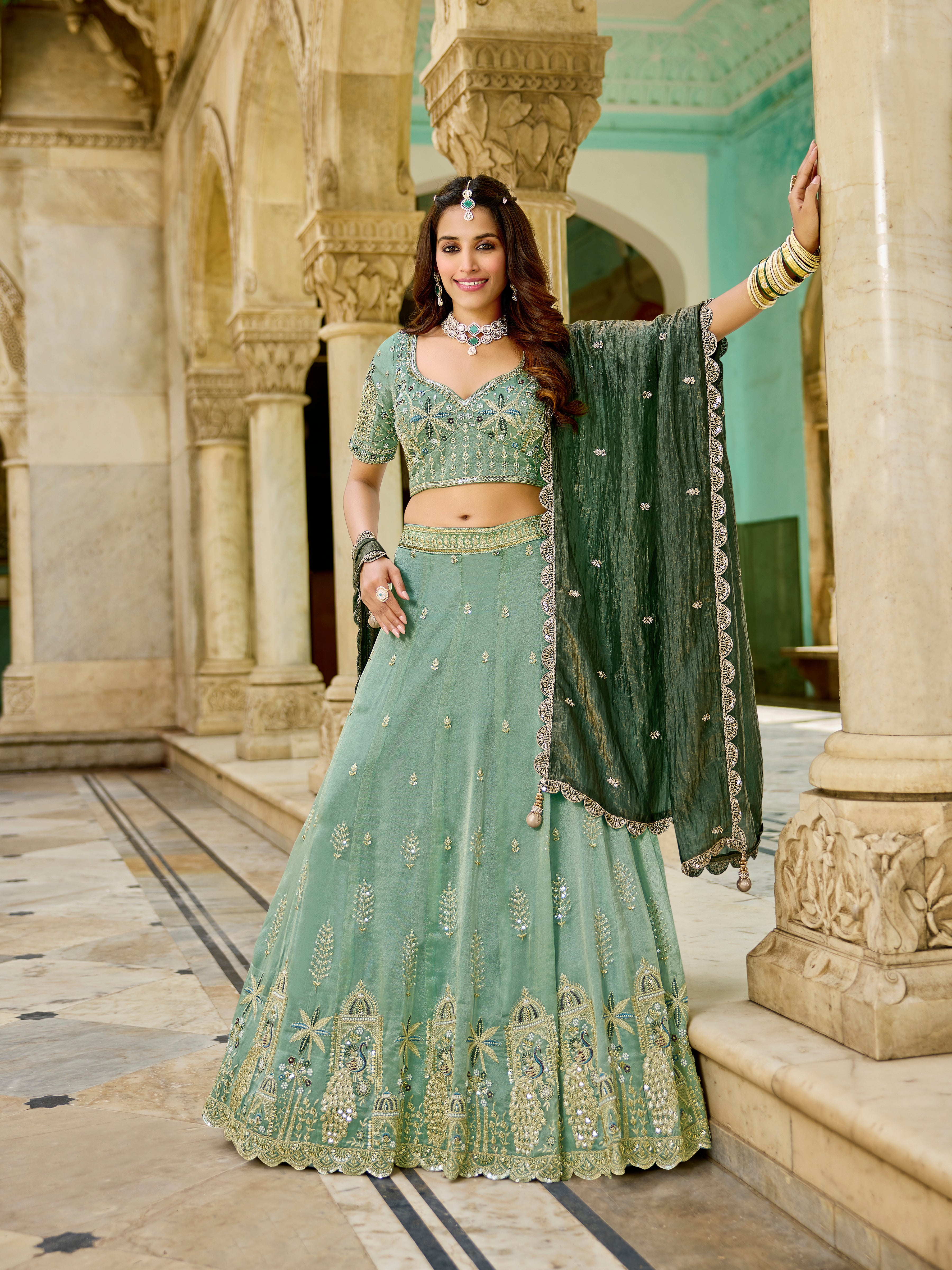 Elegant Mint Green Tissue Lehenga-Wedding & Festive Wear - Krishree