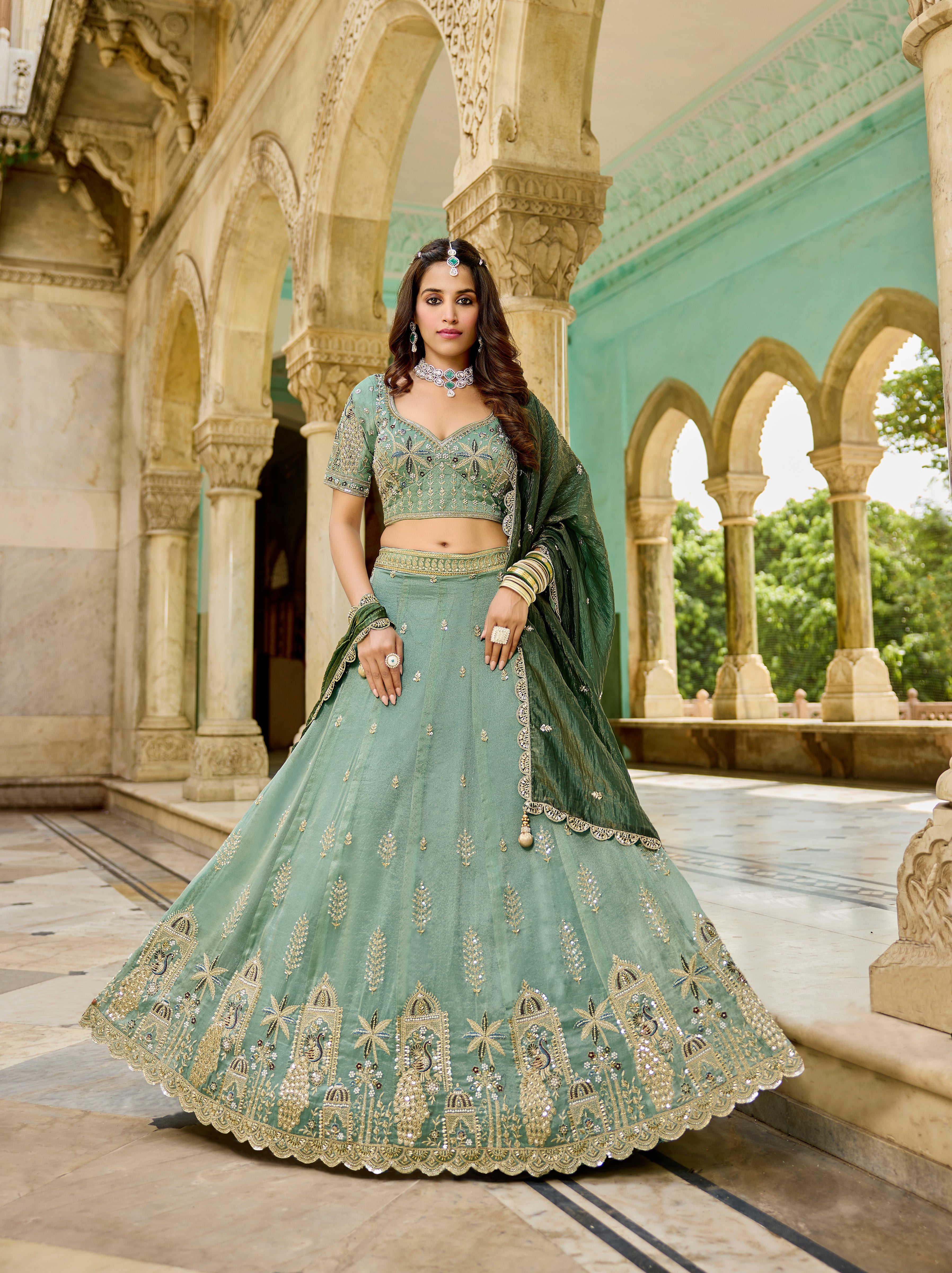 Elegant Mint Green Tissue Lehenga-Wedding & Festive Wear - Krishree