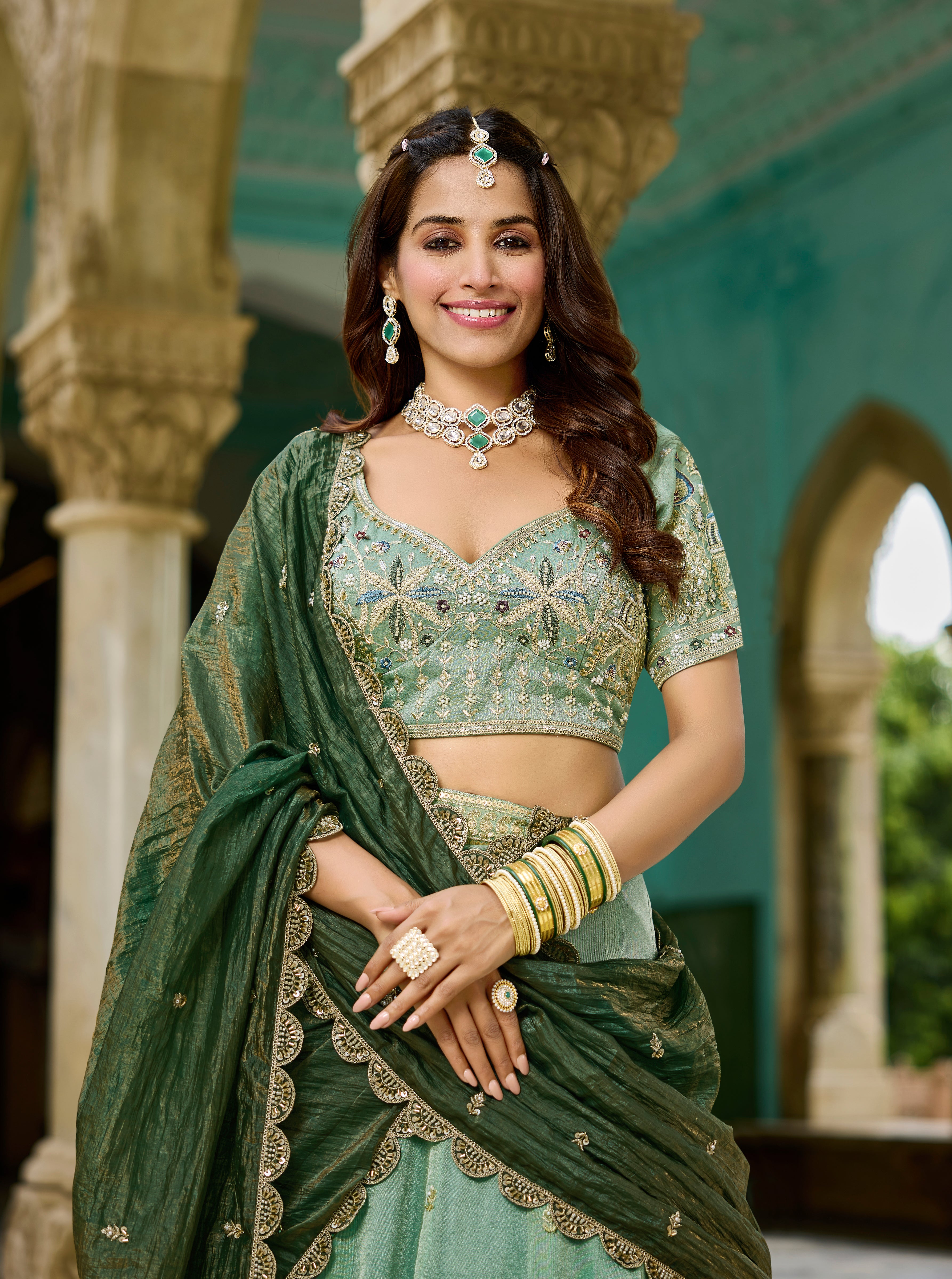 Elegant Mint Green Tissue Lehenga-Wedding & Festive Wear - Krishree