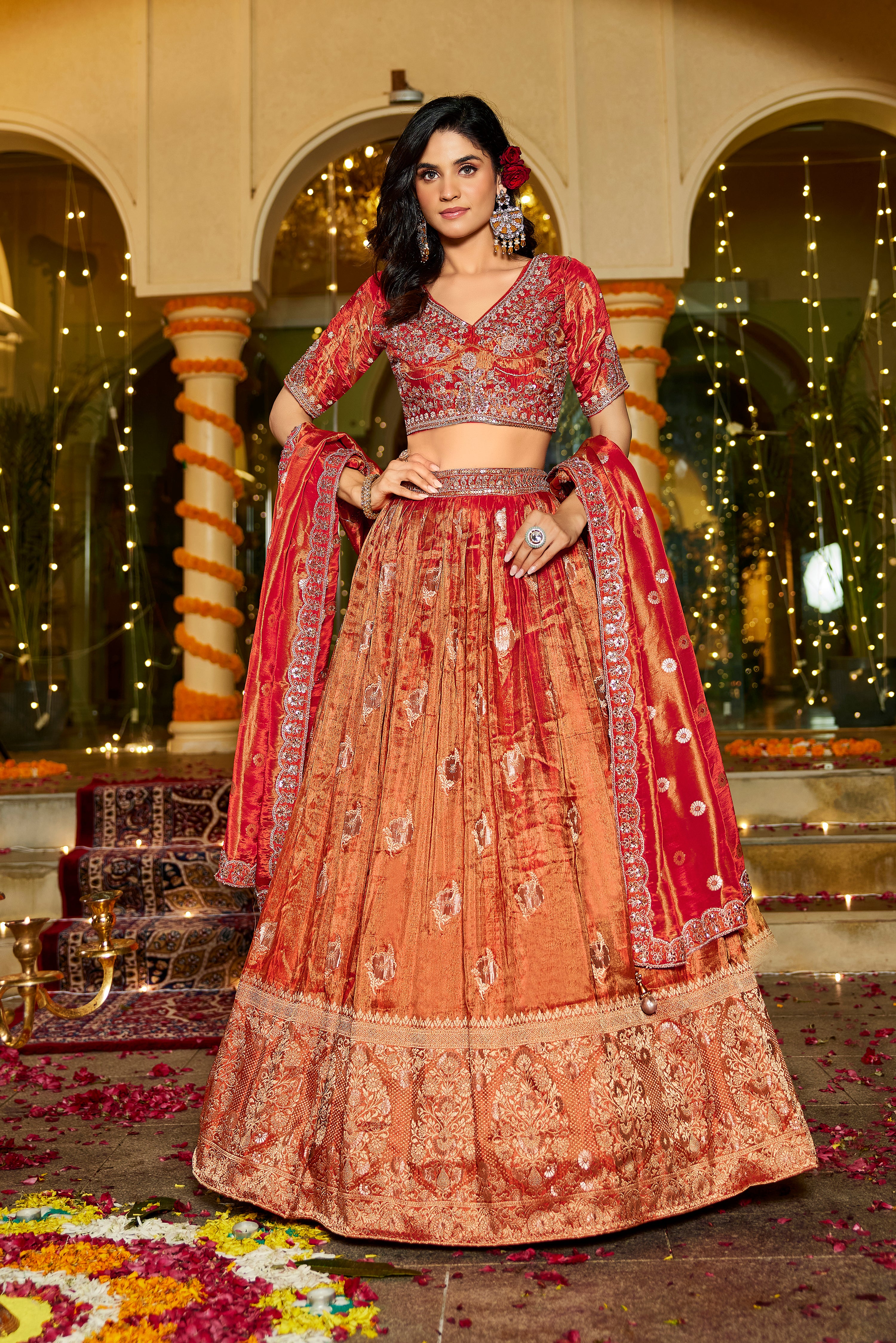 Rust Orange Tissue Lehenga Set with Rich Red Dupatta - Krishree