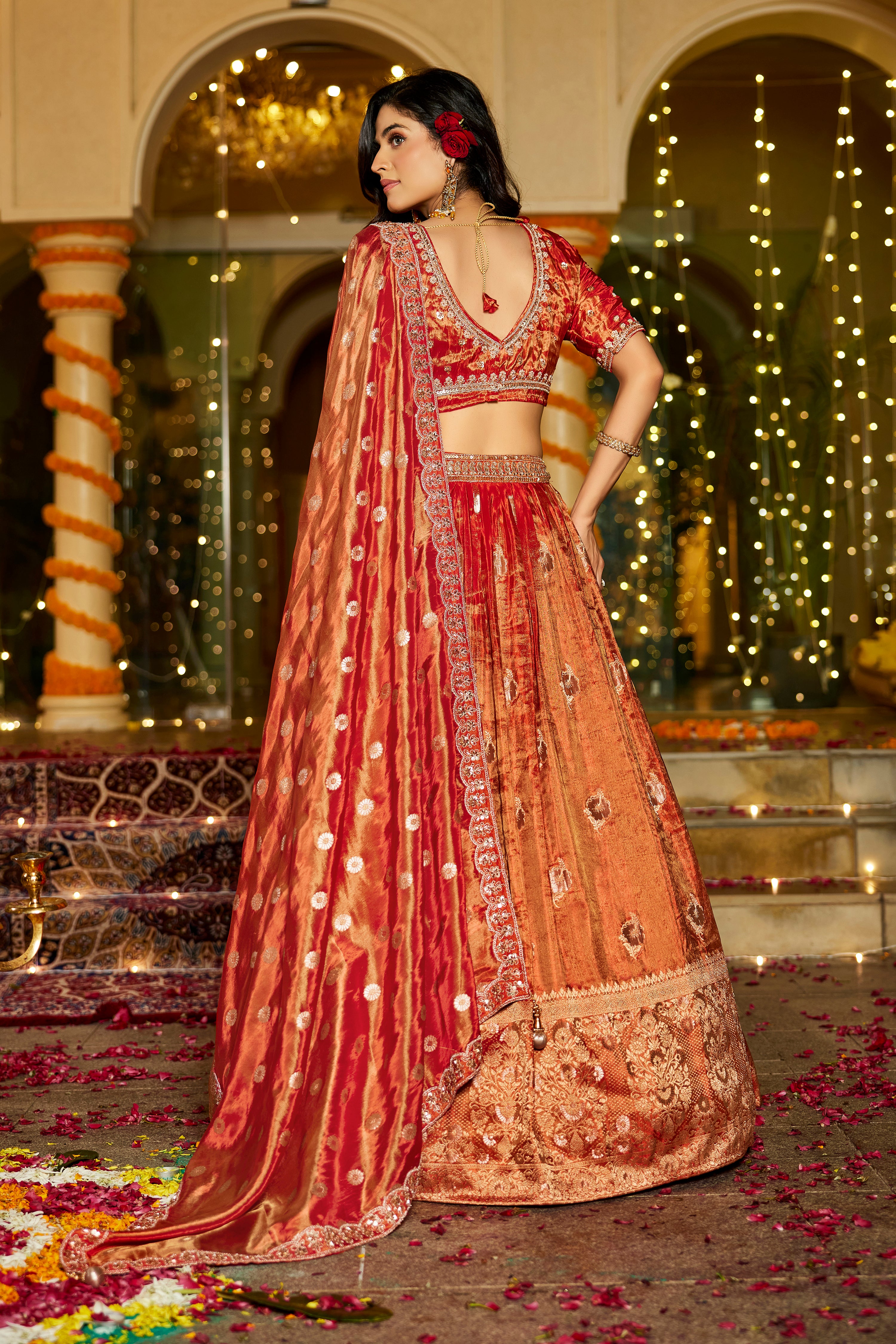 Rust Orange Tissue Lehenga Set with Rich Red Dupatta - Krishree