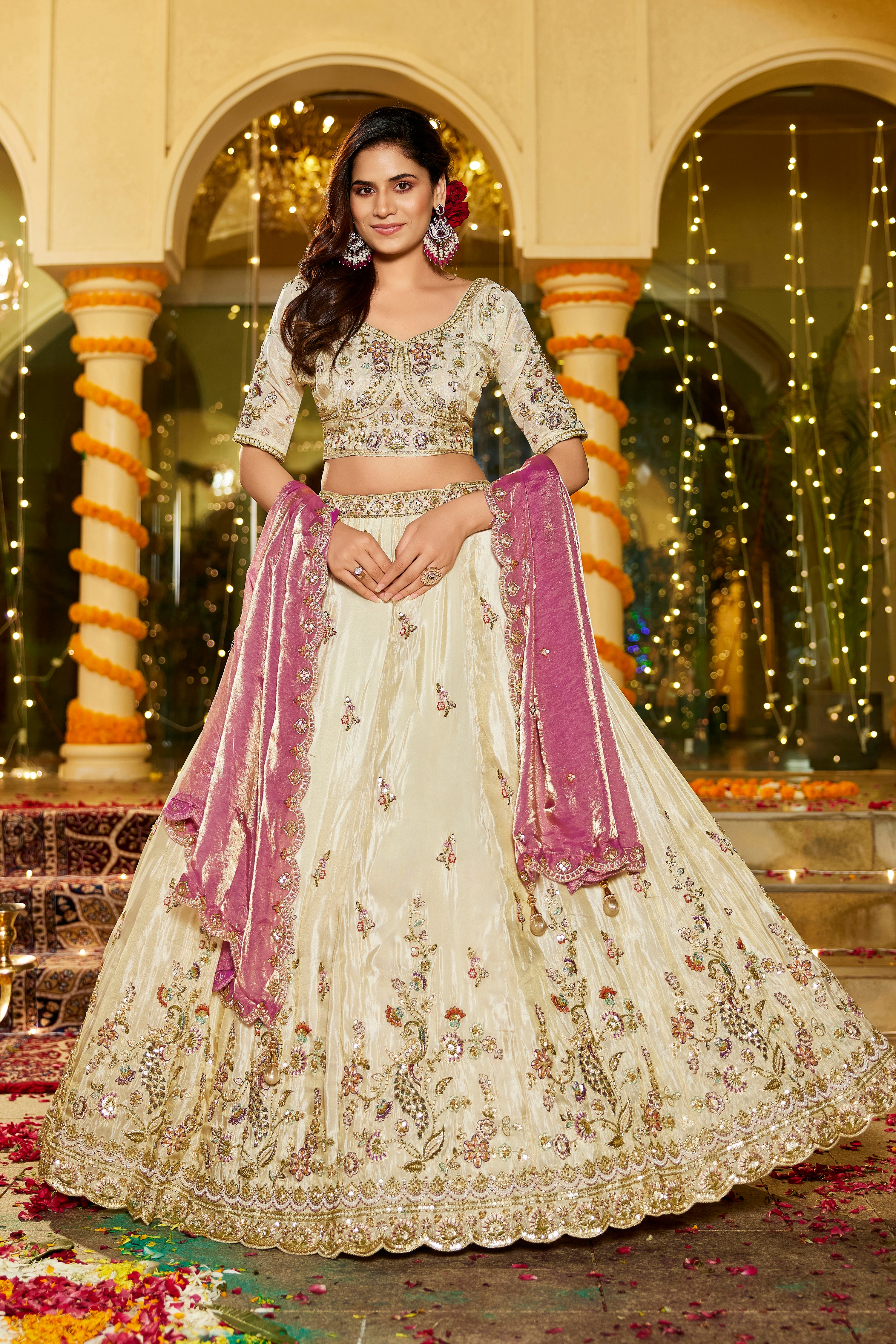 Ivory Tissue Lehenga Set with Contrast Pink Velvet Dupatta - Krishree