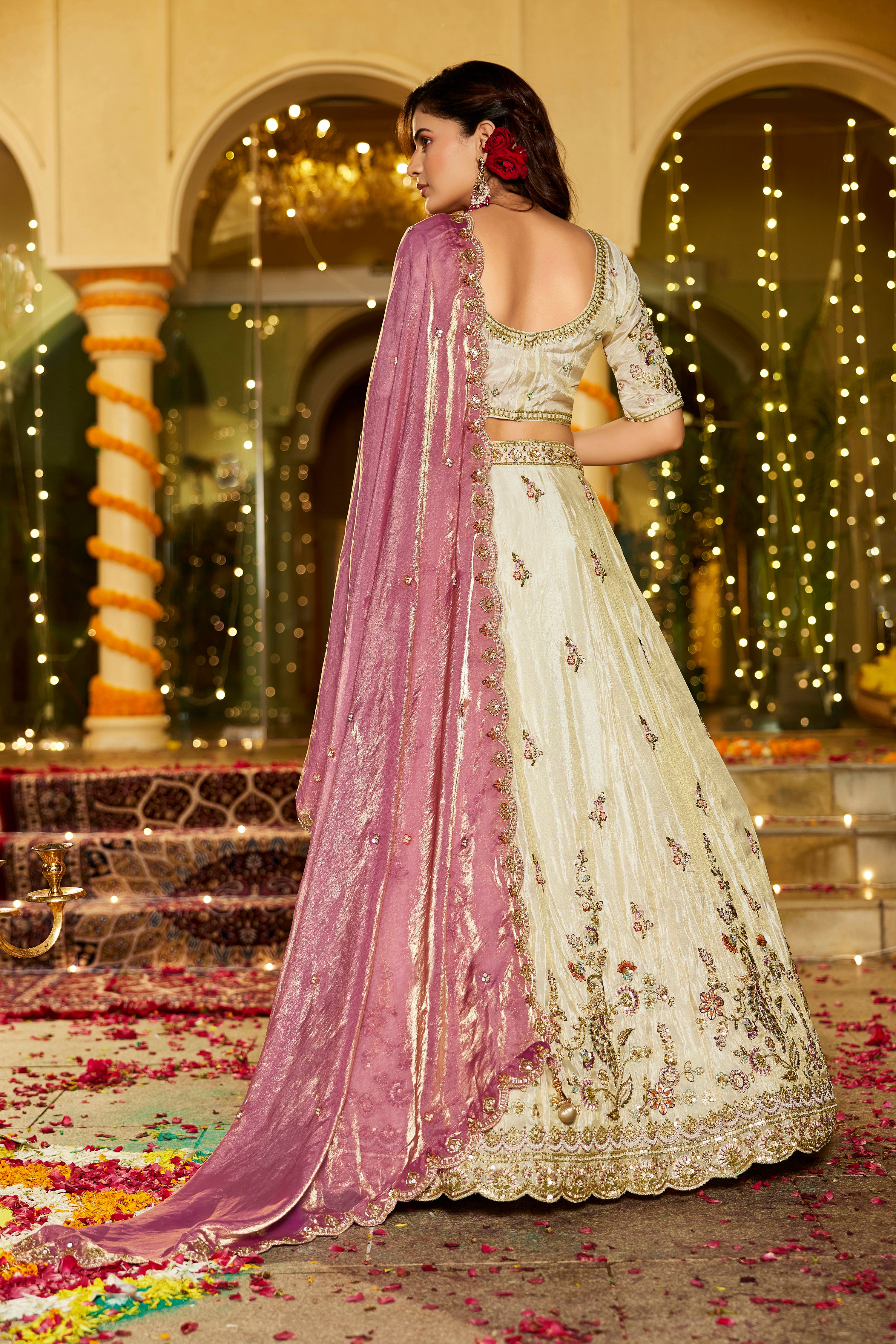 Ivory Tissue Lehenga Set with Contrast Pink Velvet Dupatta - Krishree