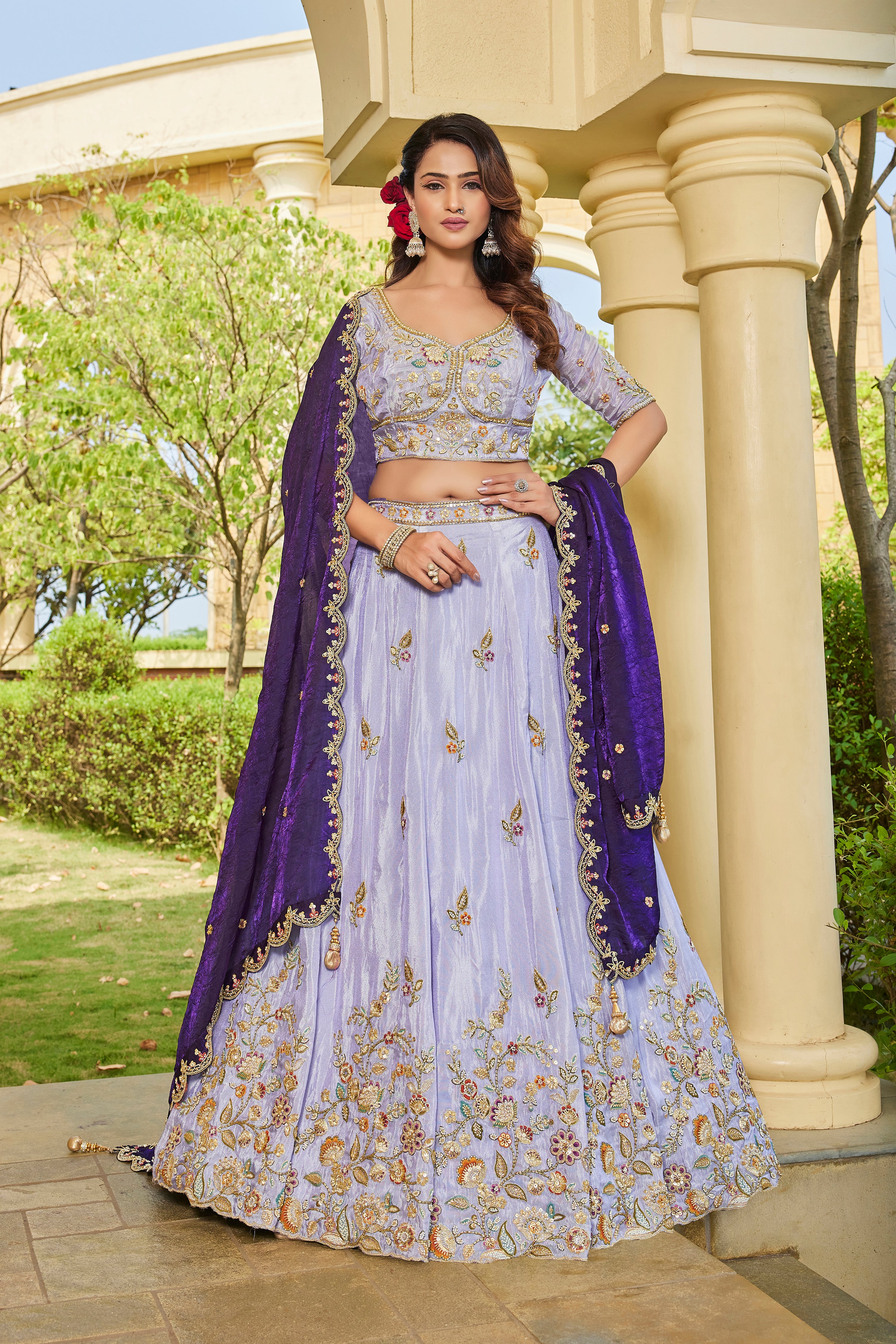 Charming Lavender Tissue Lehenga with Vibrant Contrast Dupatta - Krishree