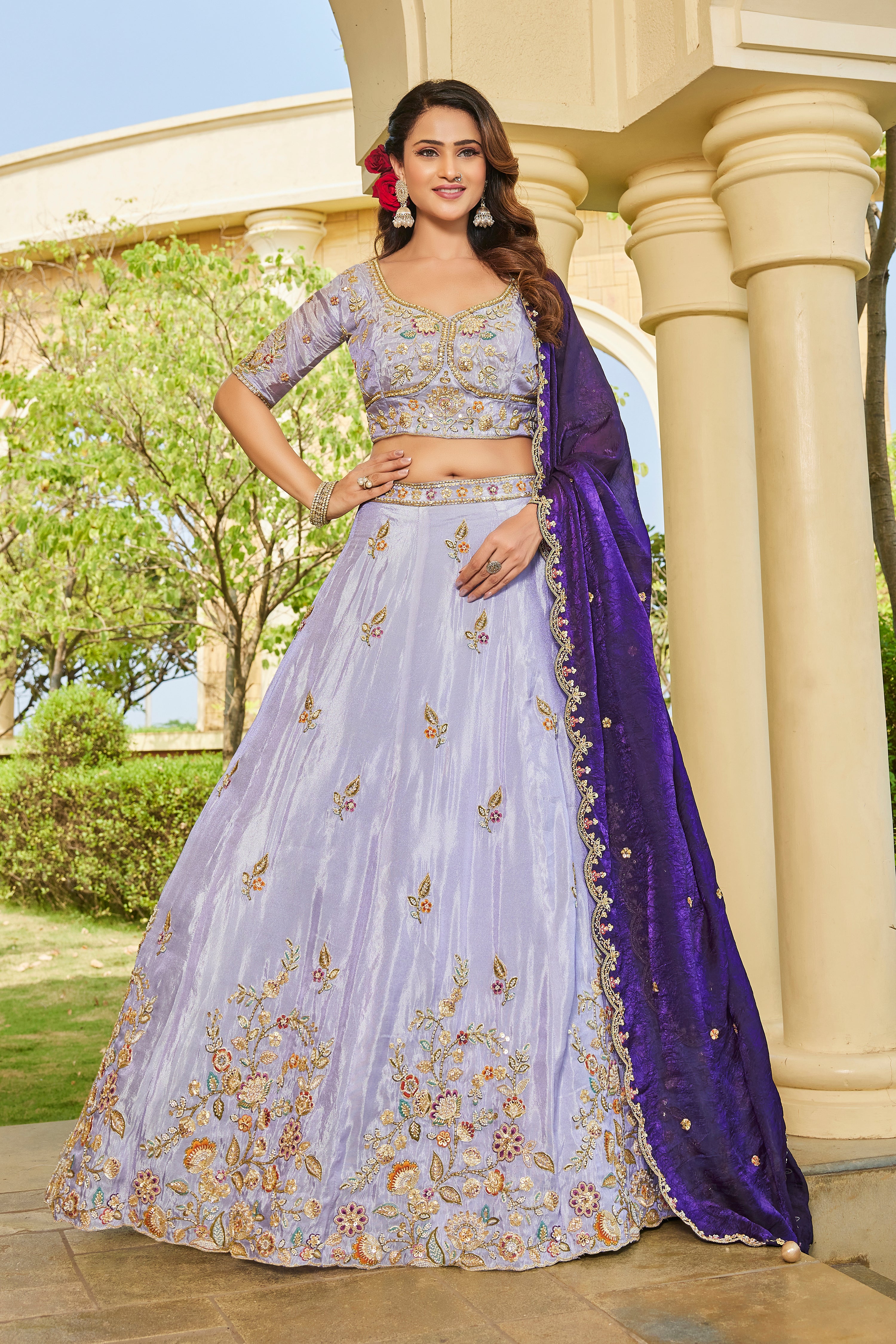 Charming Lavender Tissue Lehenga with Vibrant Contrast Dupatta - Krishree