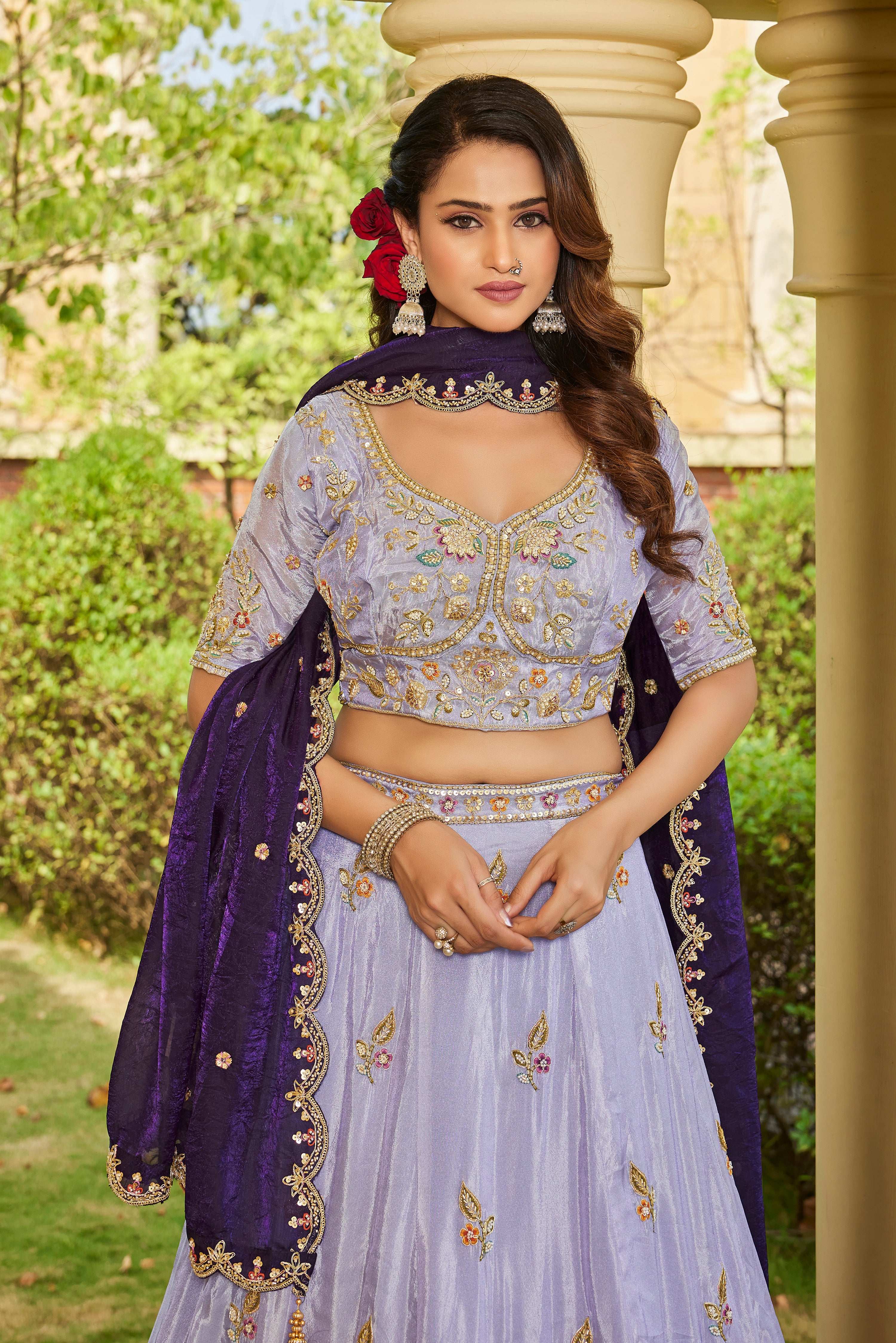 Charming Lavender Tissue Lehenga with Vibrant Contrast Dupatta - Krishree