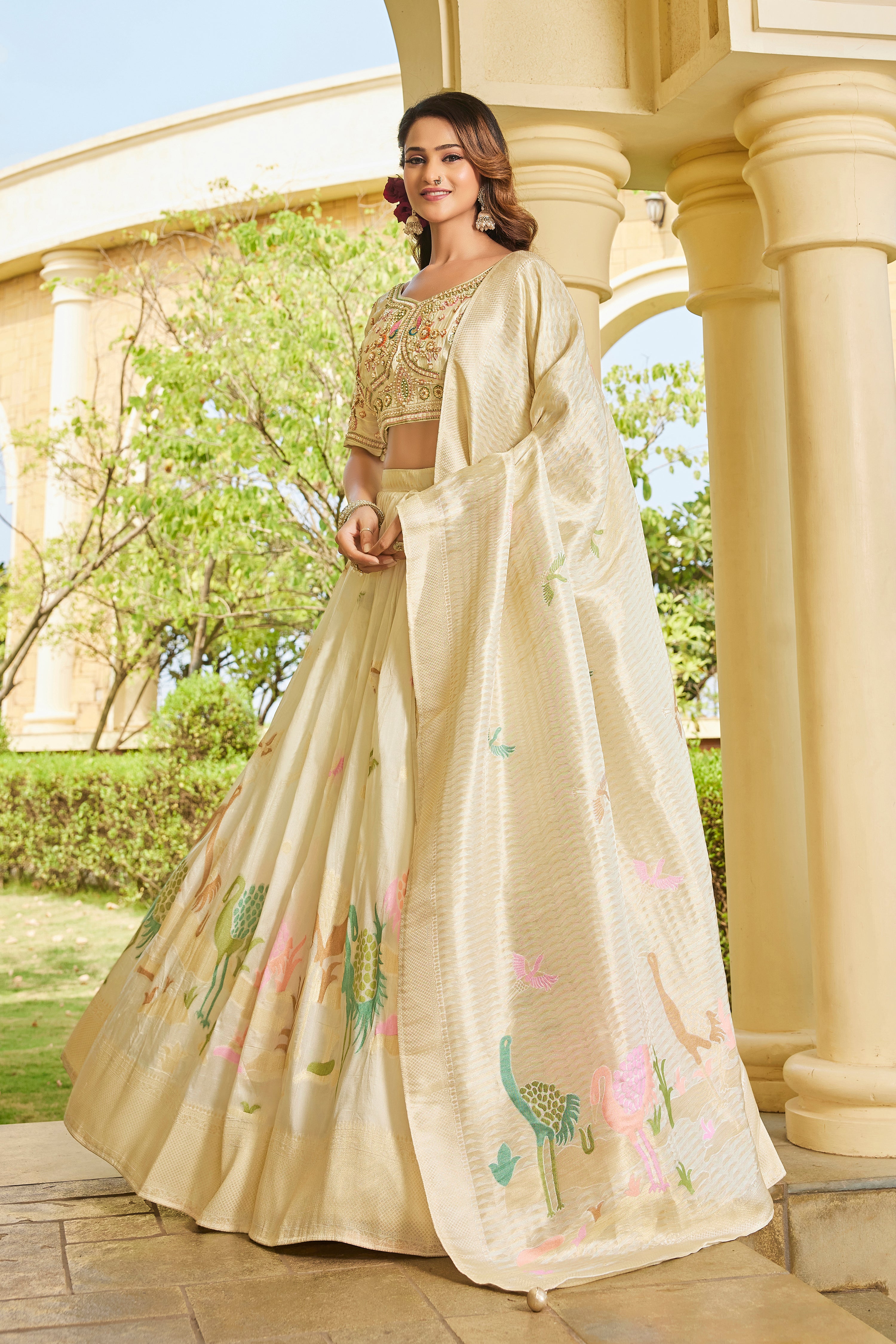 Elegant Cream Tusser Embroidered Lehenga Set with Peacock Motifs - Krishree