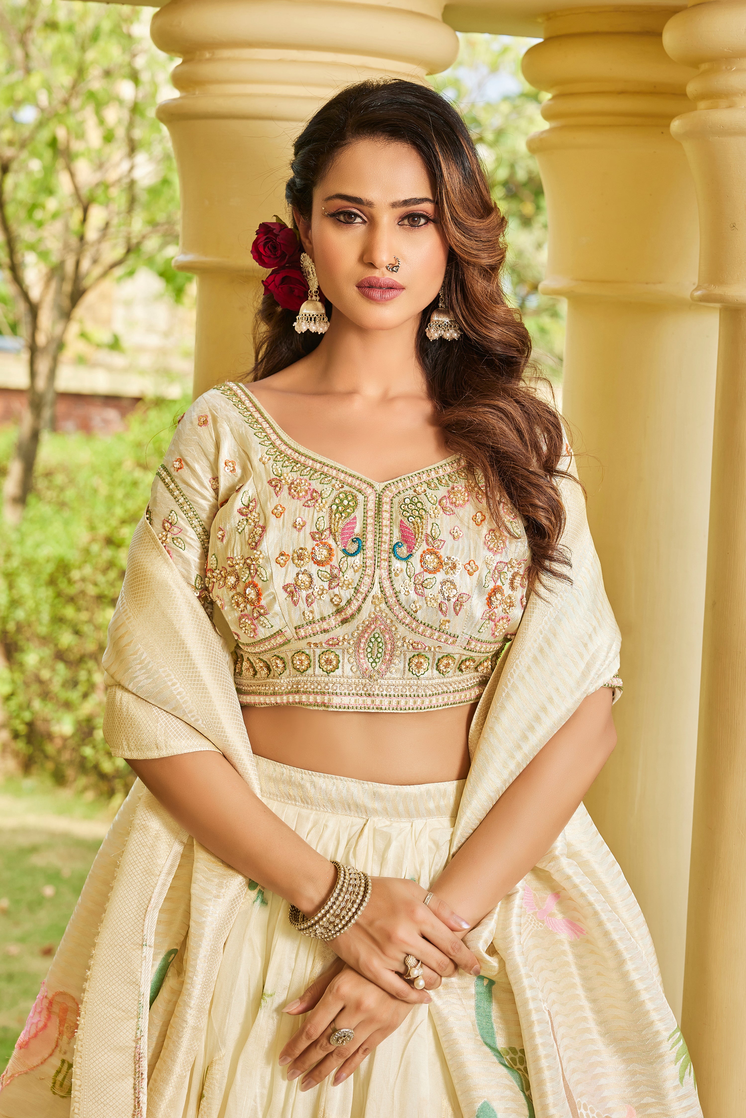 Elegant Cream Tusser Embroidered Lehenga Set with Peacock Motifs - Krishree