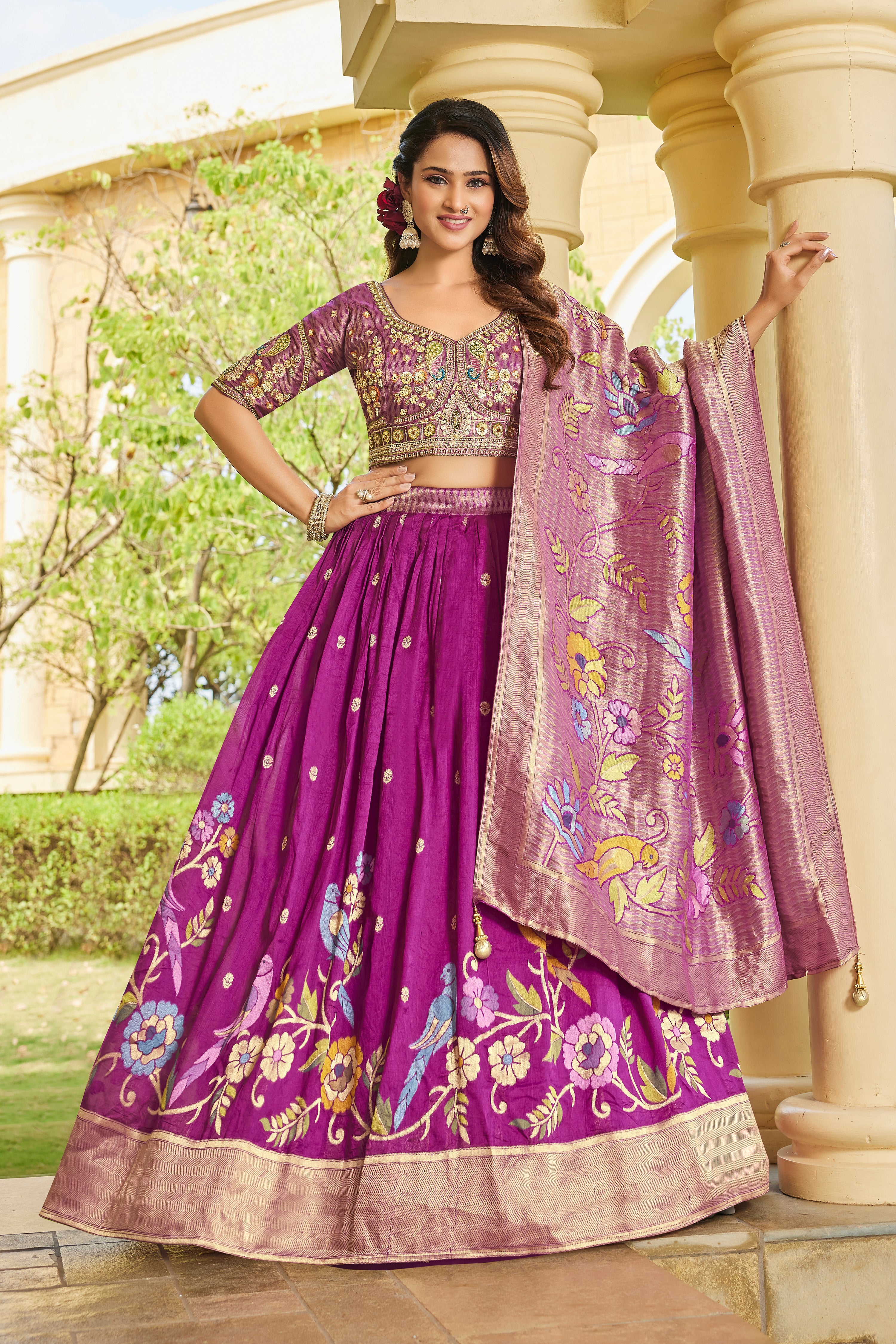 Deep Purple Embroidered Lehenga Choli with Dupatta - Krishree