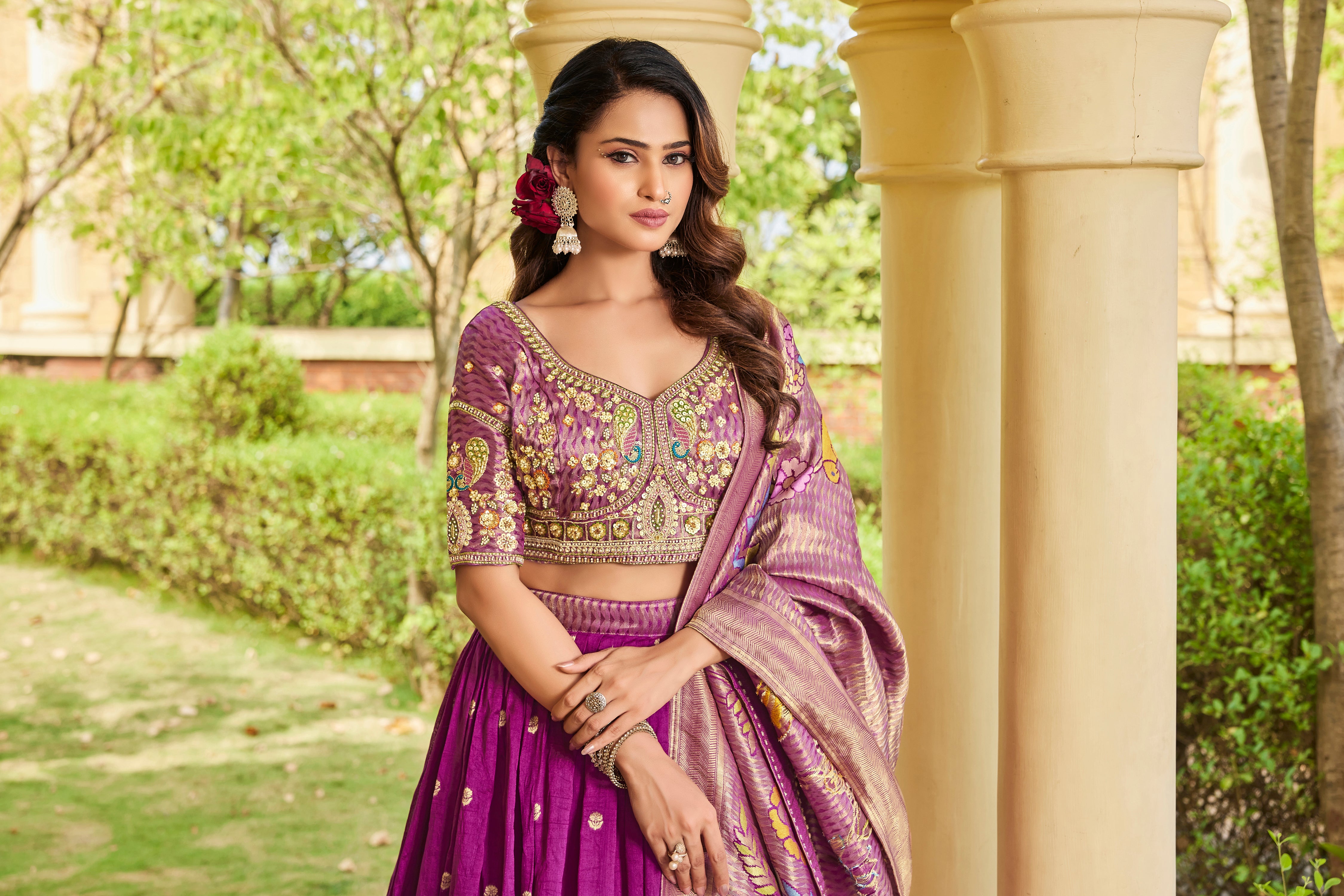 Deep Purple Embroidered Lehenga Choli with Dupatta - Krishree