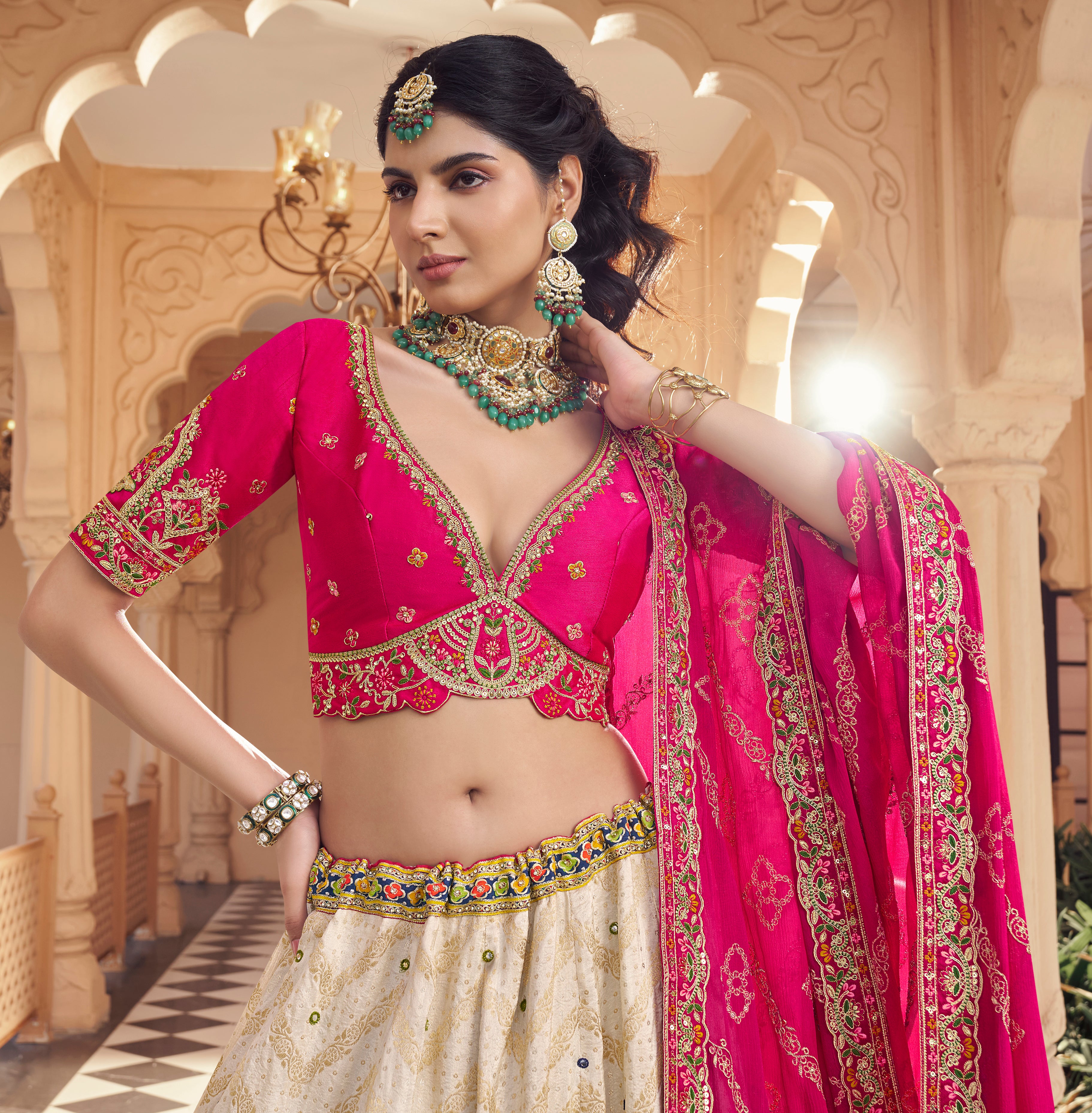 Designer Cream Lehenga with Hot Pink Blouse & Embroidered Dupatta - Krishree