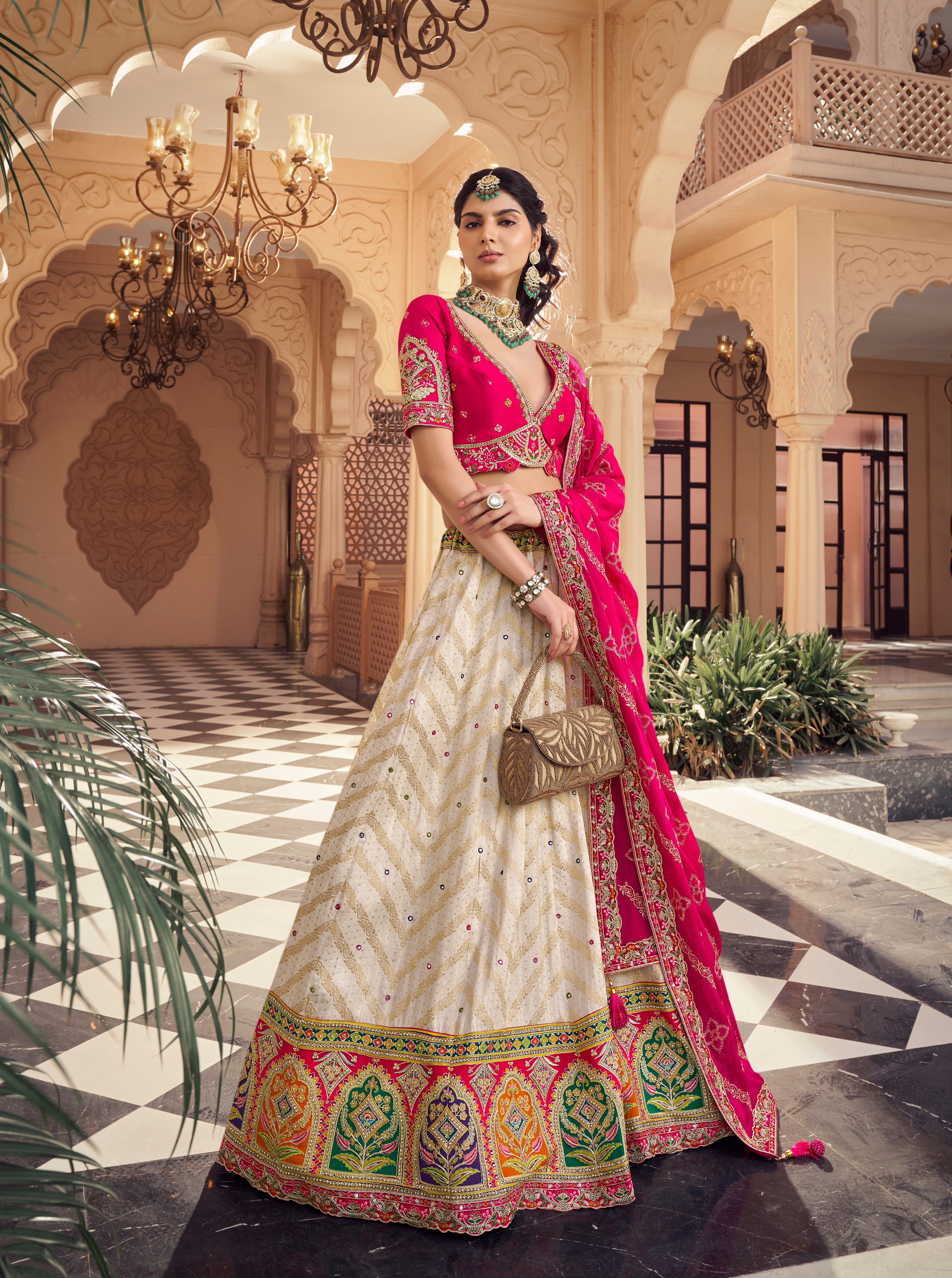 Designer Cream Lehenga with Hot Pink Blouse & Embroidered Dupatta - Krishree