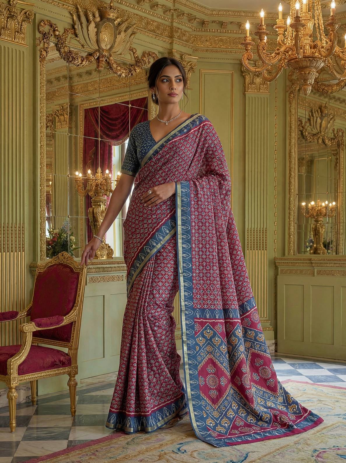 Geometric Motif Saree with Zari Border