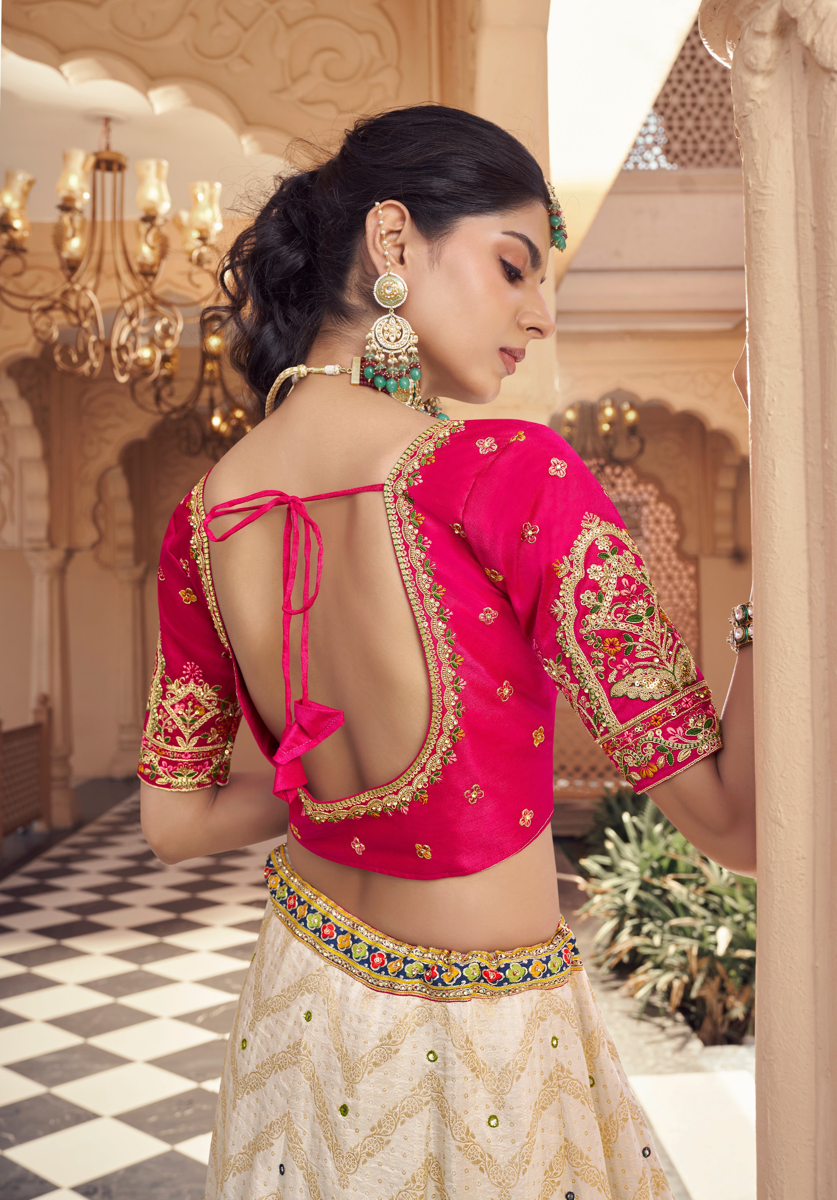 Designer Cream Lehenga with Hot Pink Blouse & Embroidered Dupatta - Krishree