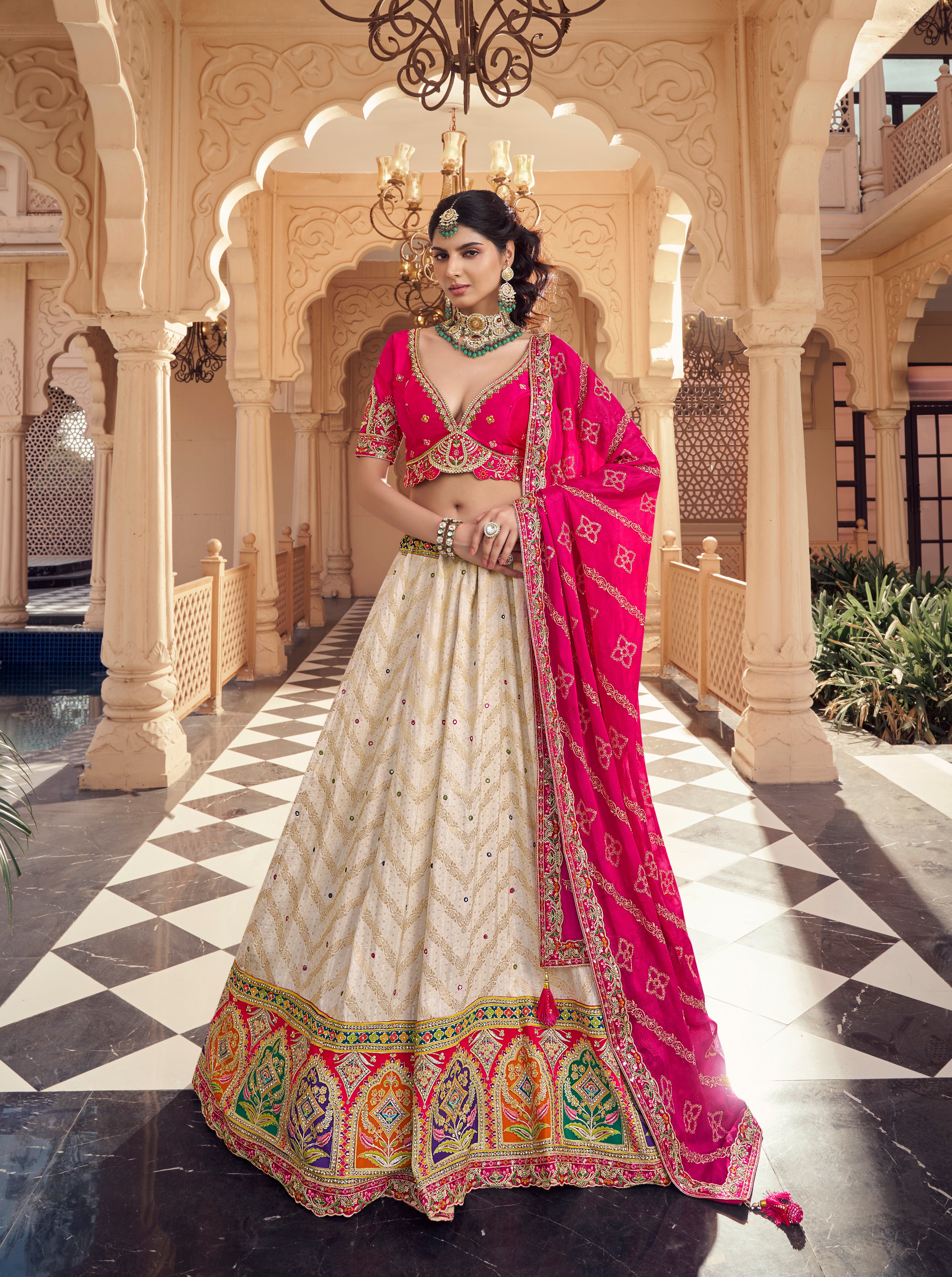 Designer Cream Lehenga with Hot Pink Blouse & Embroidered Dupatta - Krishree
