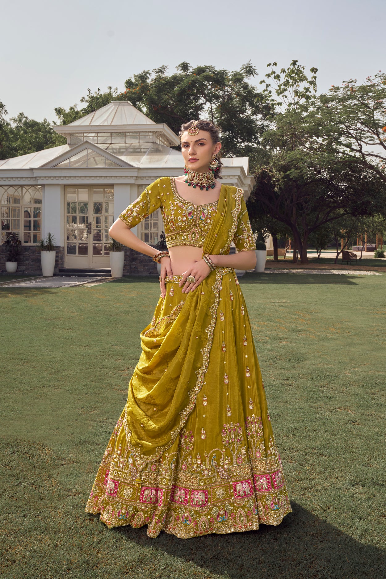 Mustard Green Tisuue Lehenga Set – Wedding Collection - Krishree