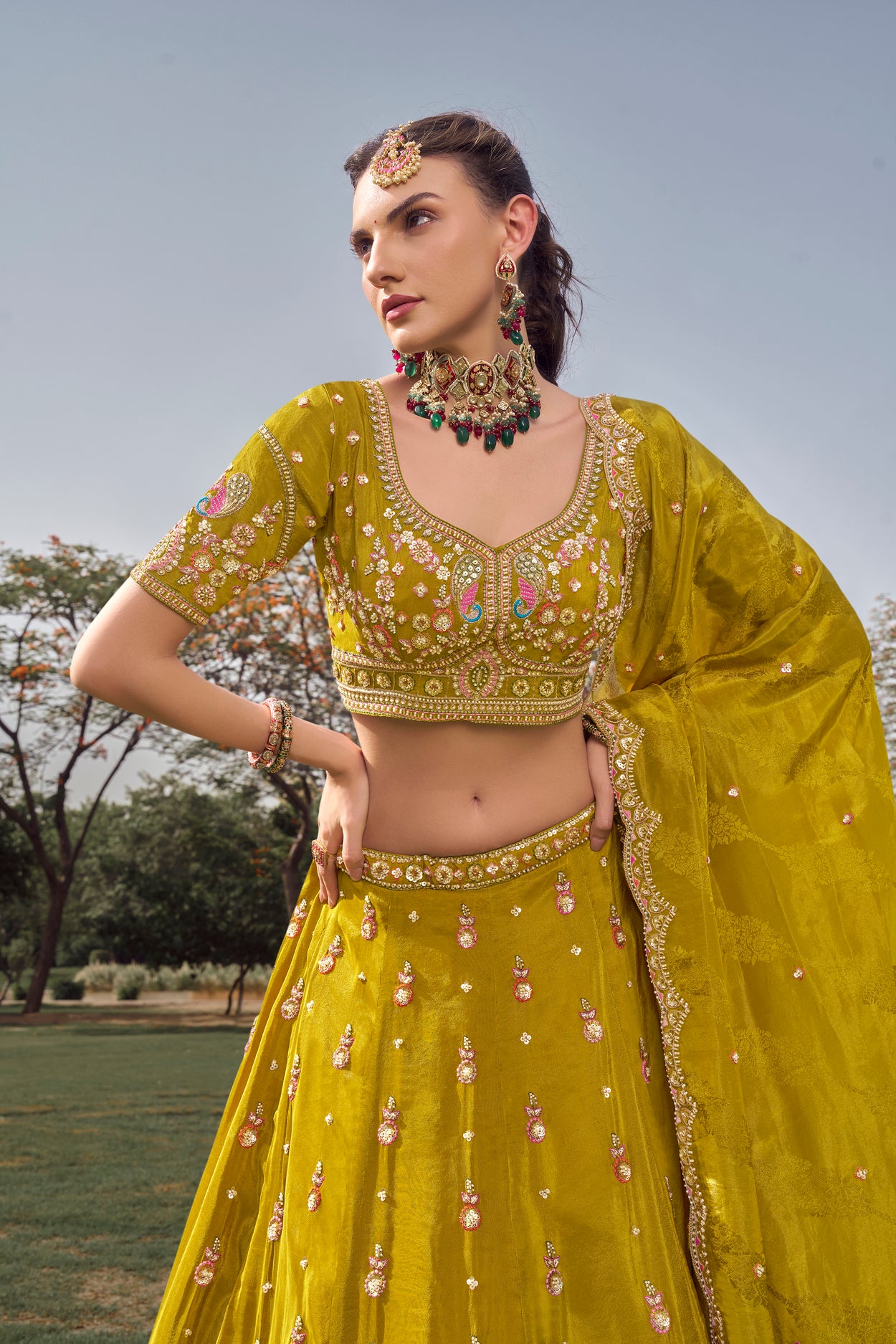 Mustard Green Tisuue Lehenga Set – Wedding Collection - Krishree
