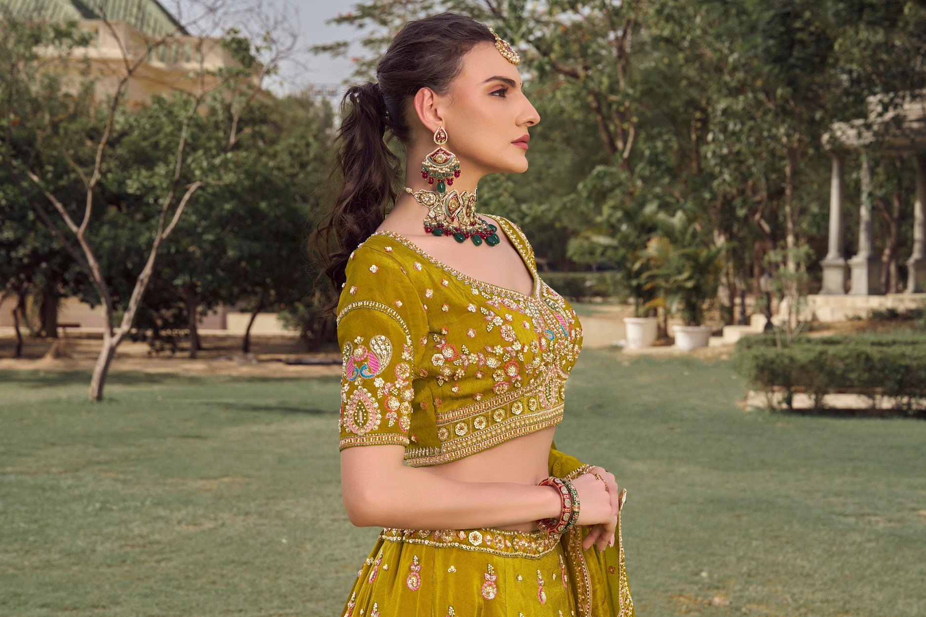 Mustard Green Tisuue Lehenga Set – Wedding Collection - Krishree