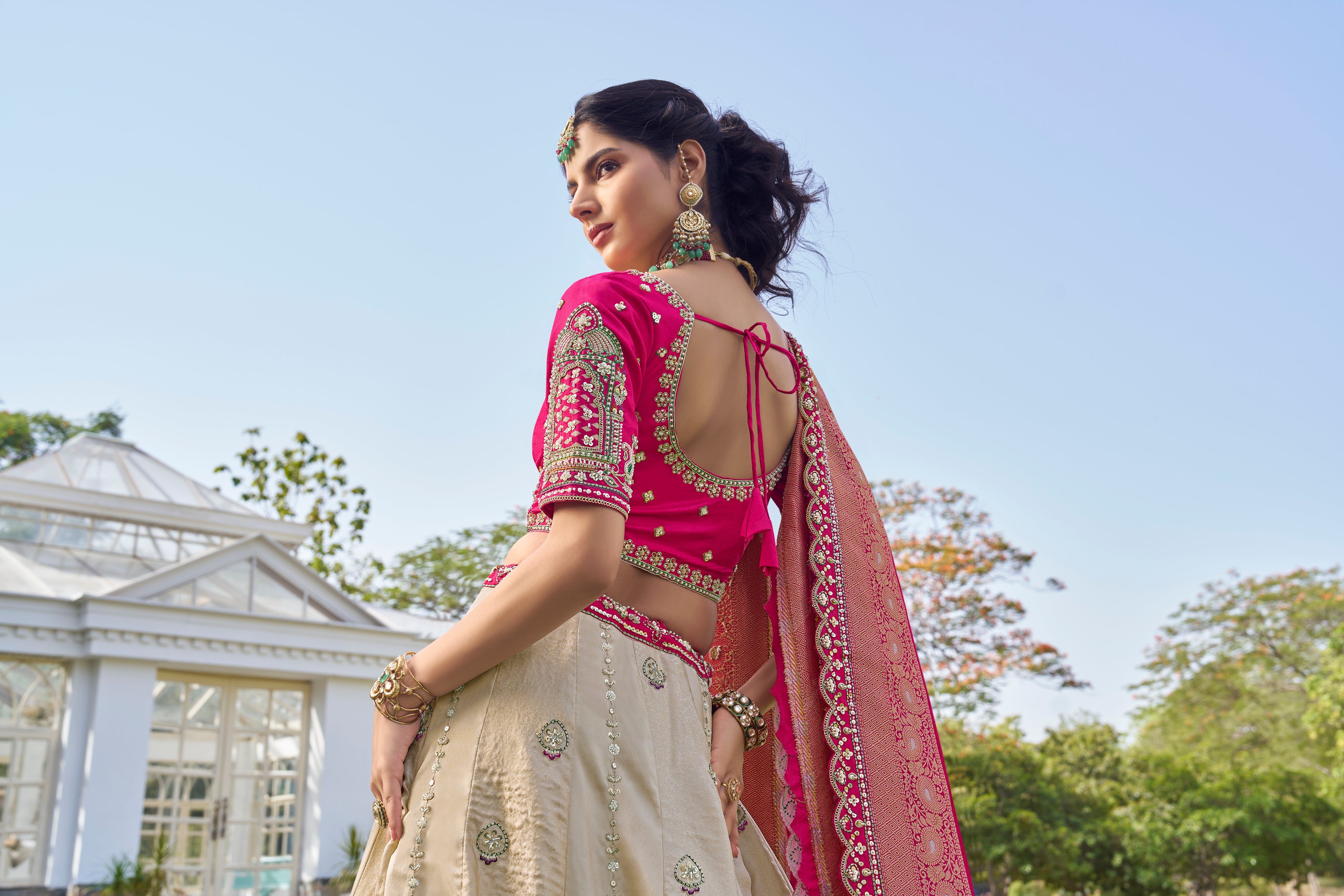 Beige and Pink Tissue Lehenga Set with Dupatta - Krishree