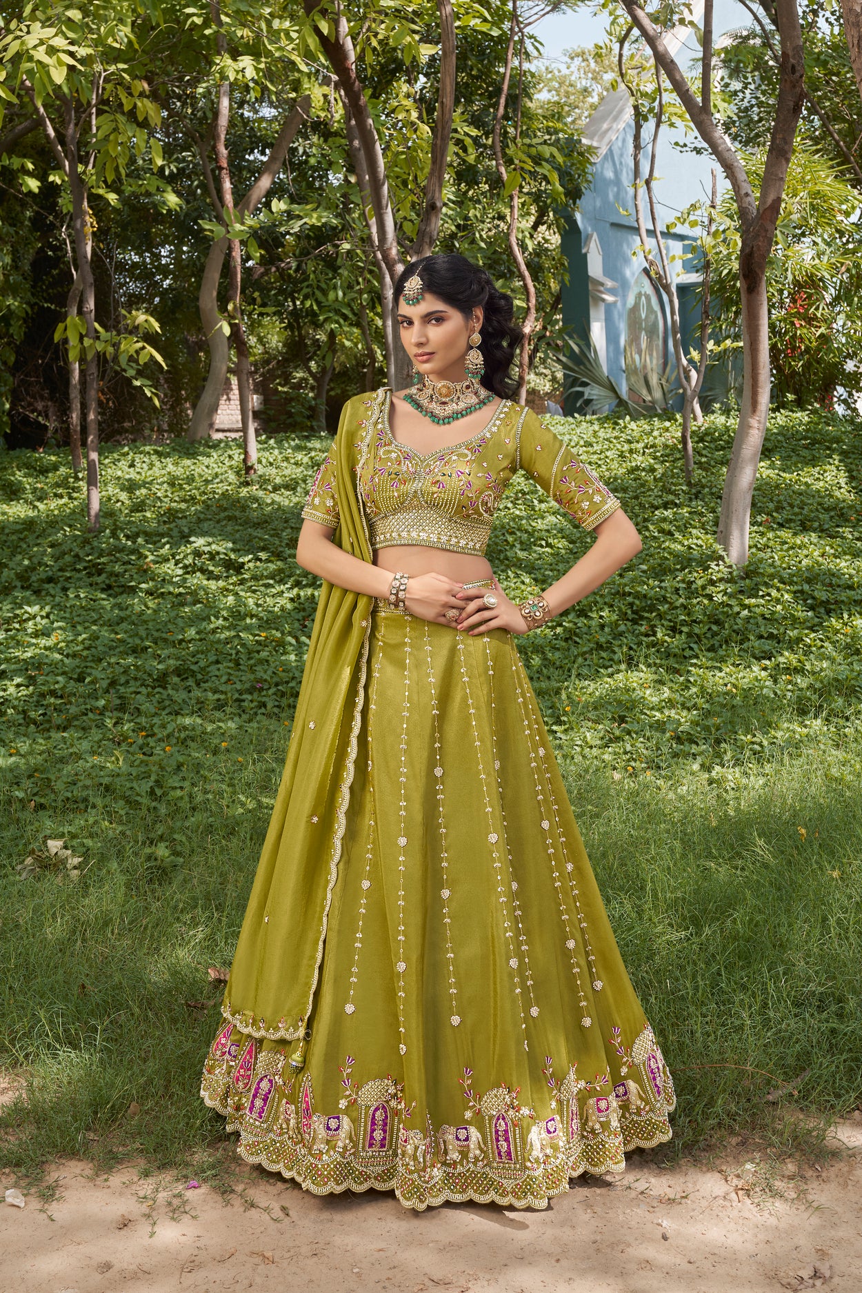 Mustard Green Tissue Lehenga Set – Festive Edit - Krishree