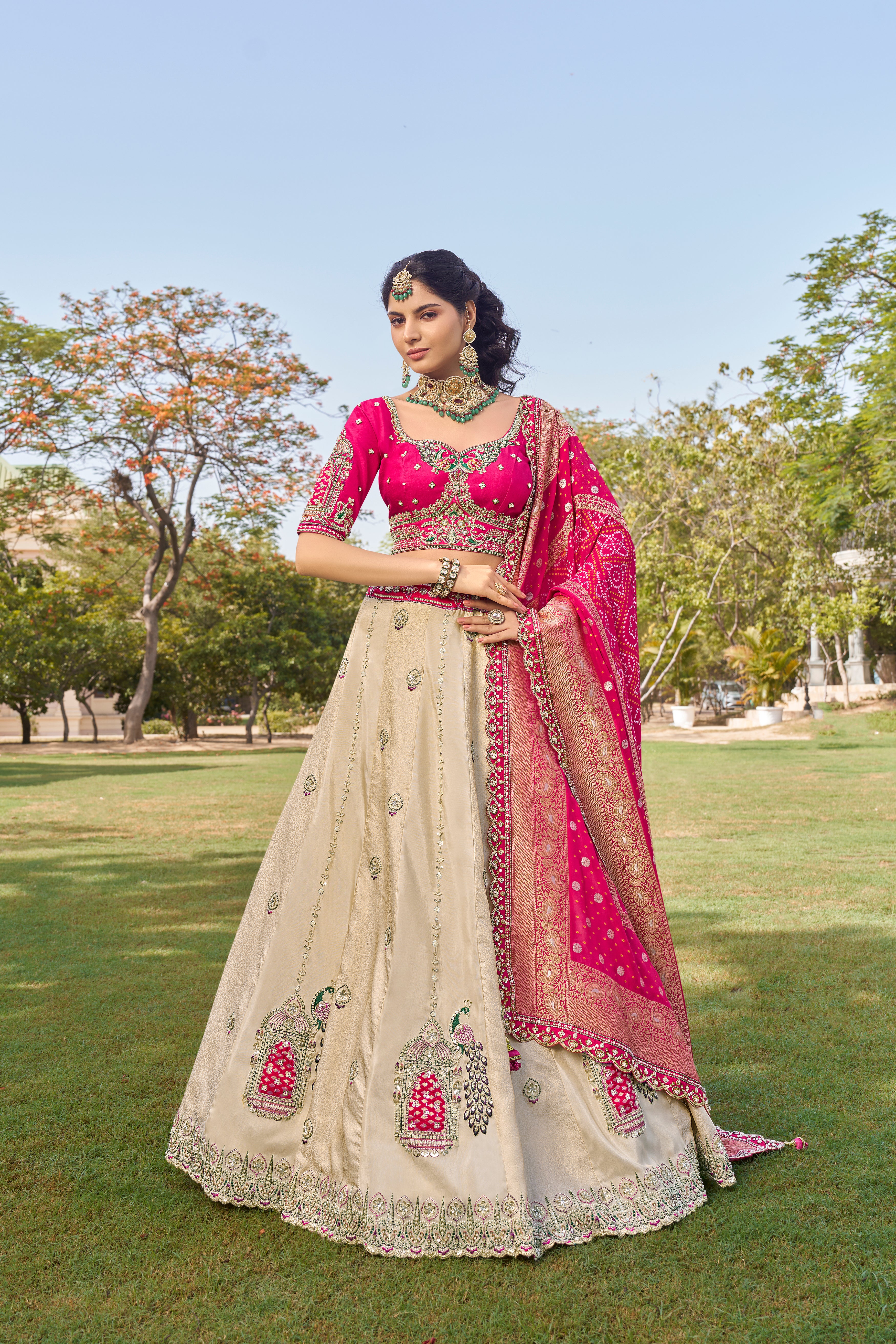 Beige and Pink Tissue Lehenga Set with Dupatta - Krishree