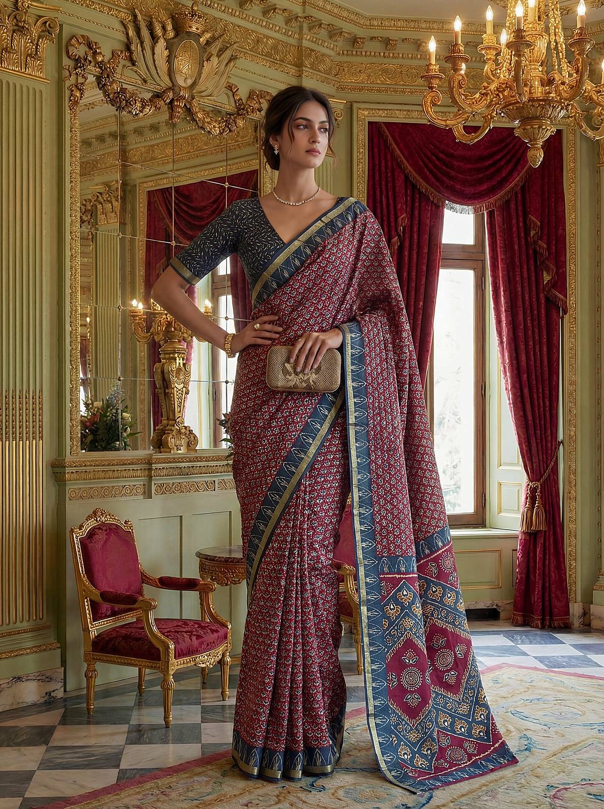 Geometric Motif Saree with Zari Border