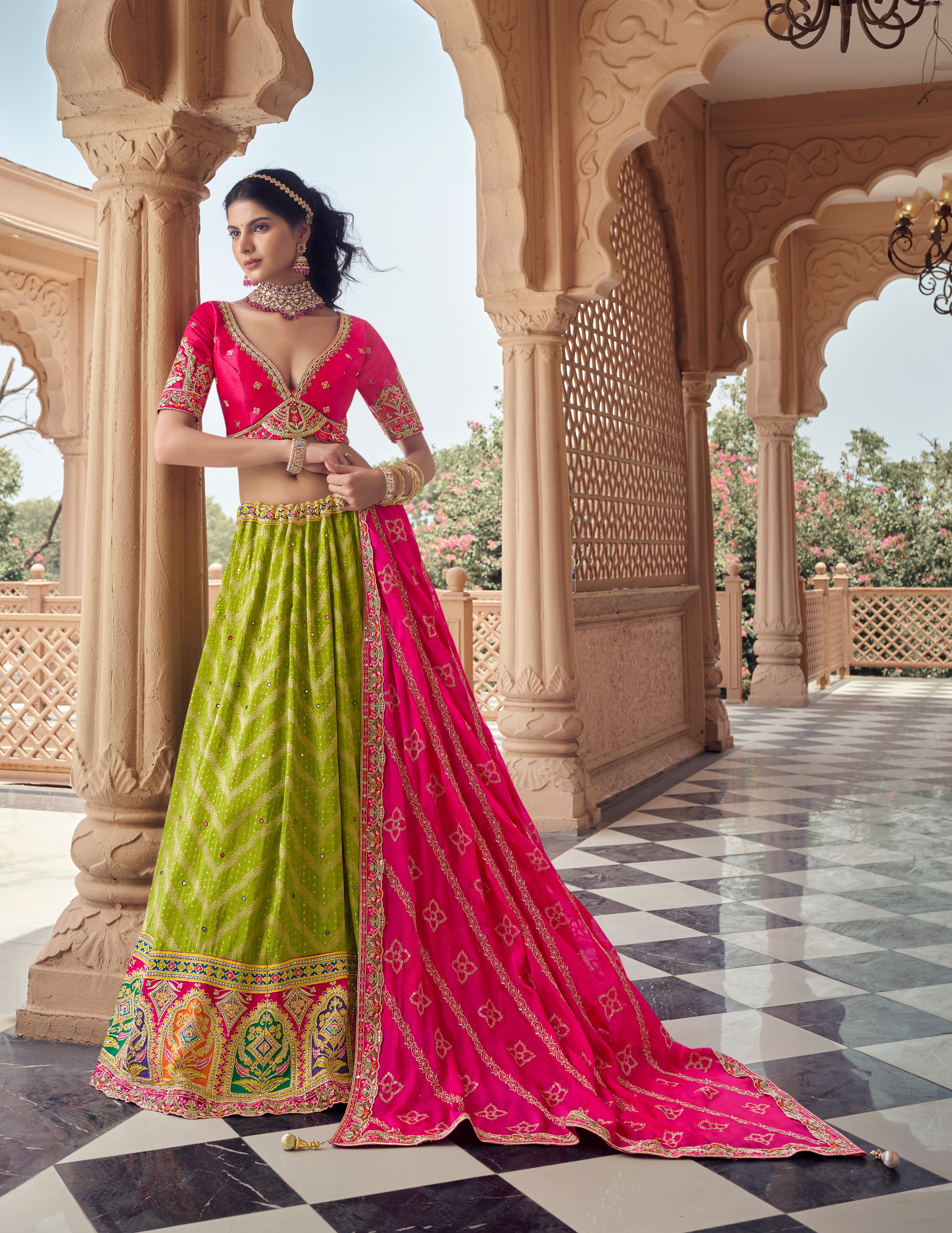 Traditional Lime Green Lehenga Set with Multicolor Border & Dupatta - Krishree