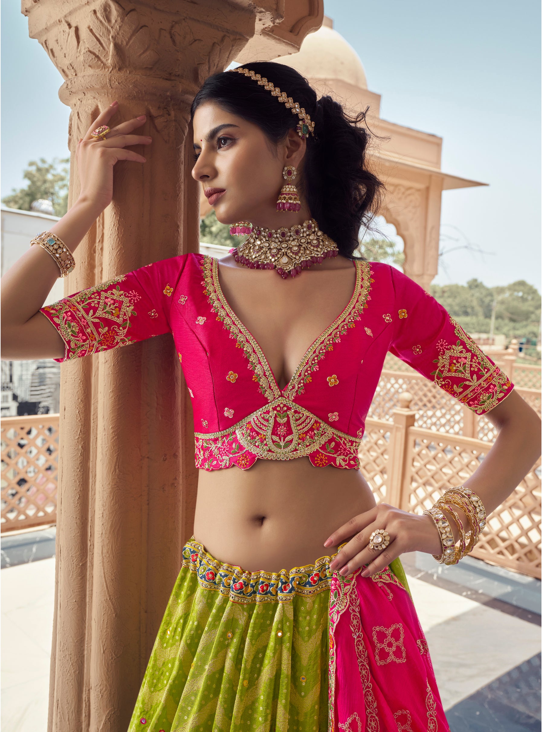 Traditional Lime Green Lehenga Set with Multicolor Border & Dupatta - Krishree