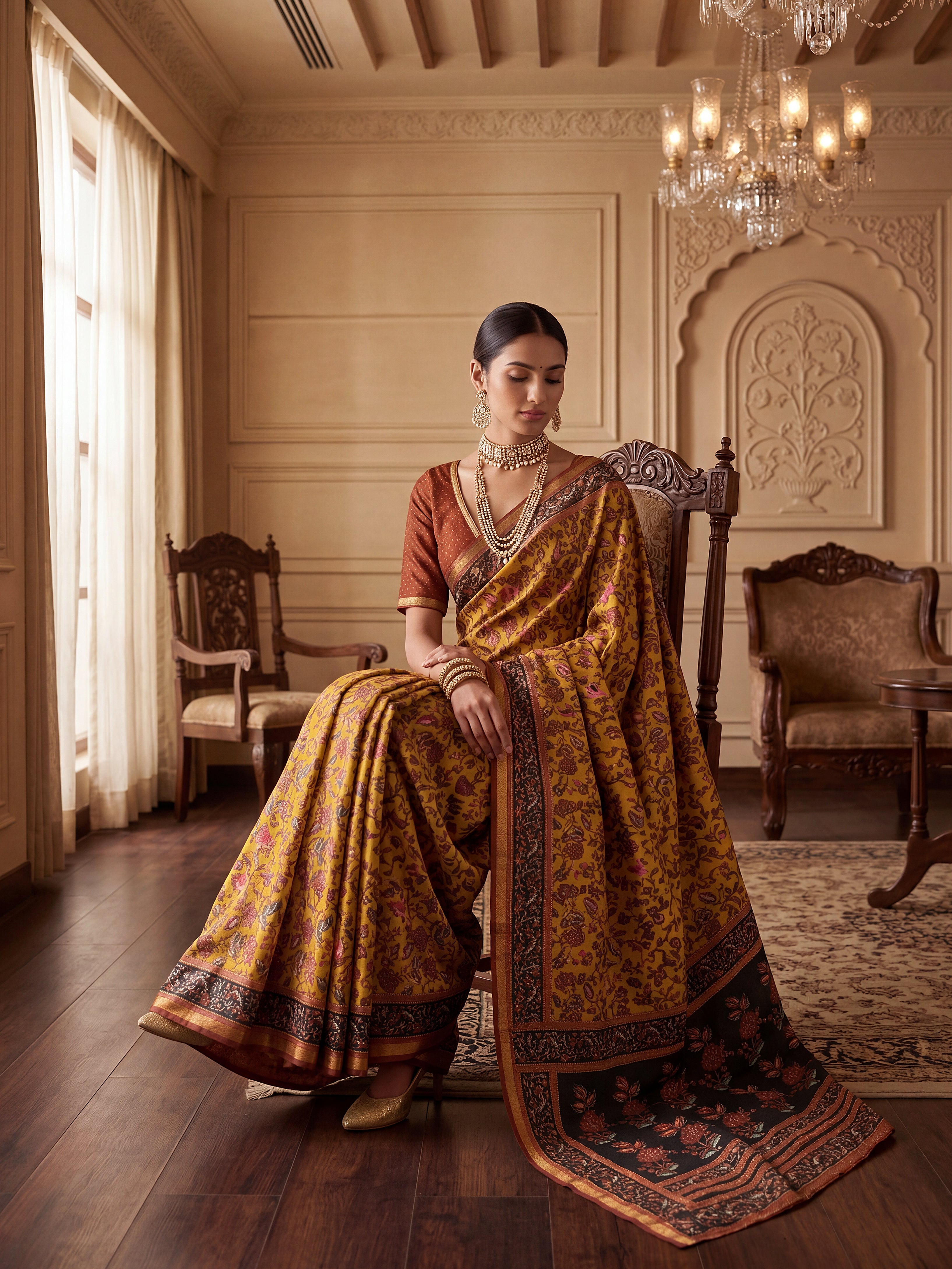 Ethnic Floral Print Saree with Contrast Border