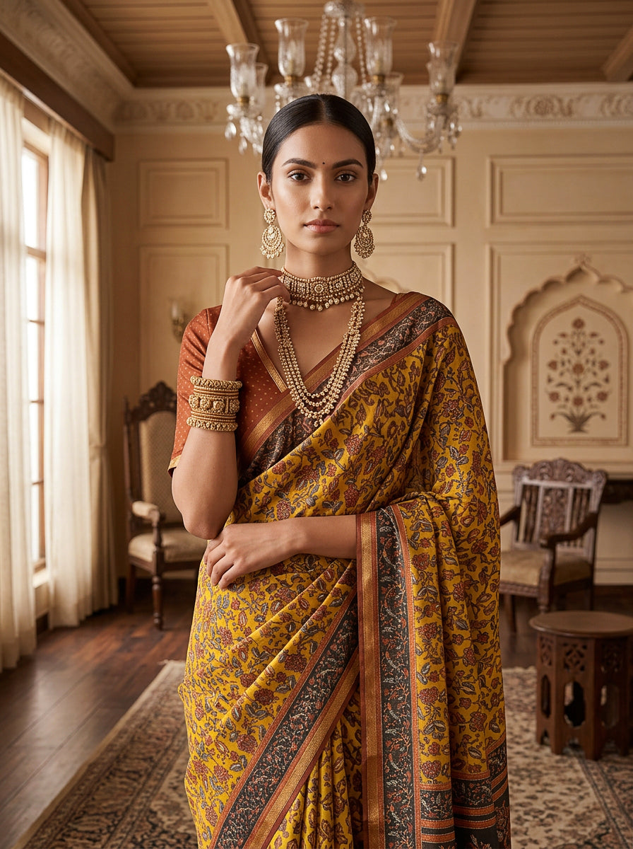 Ethnic Floral Print Saree with Contrast Border