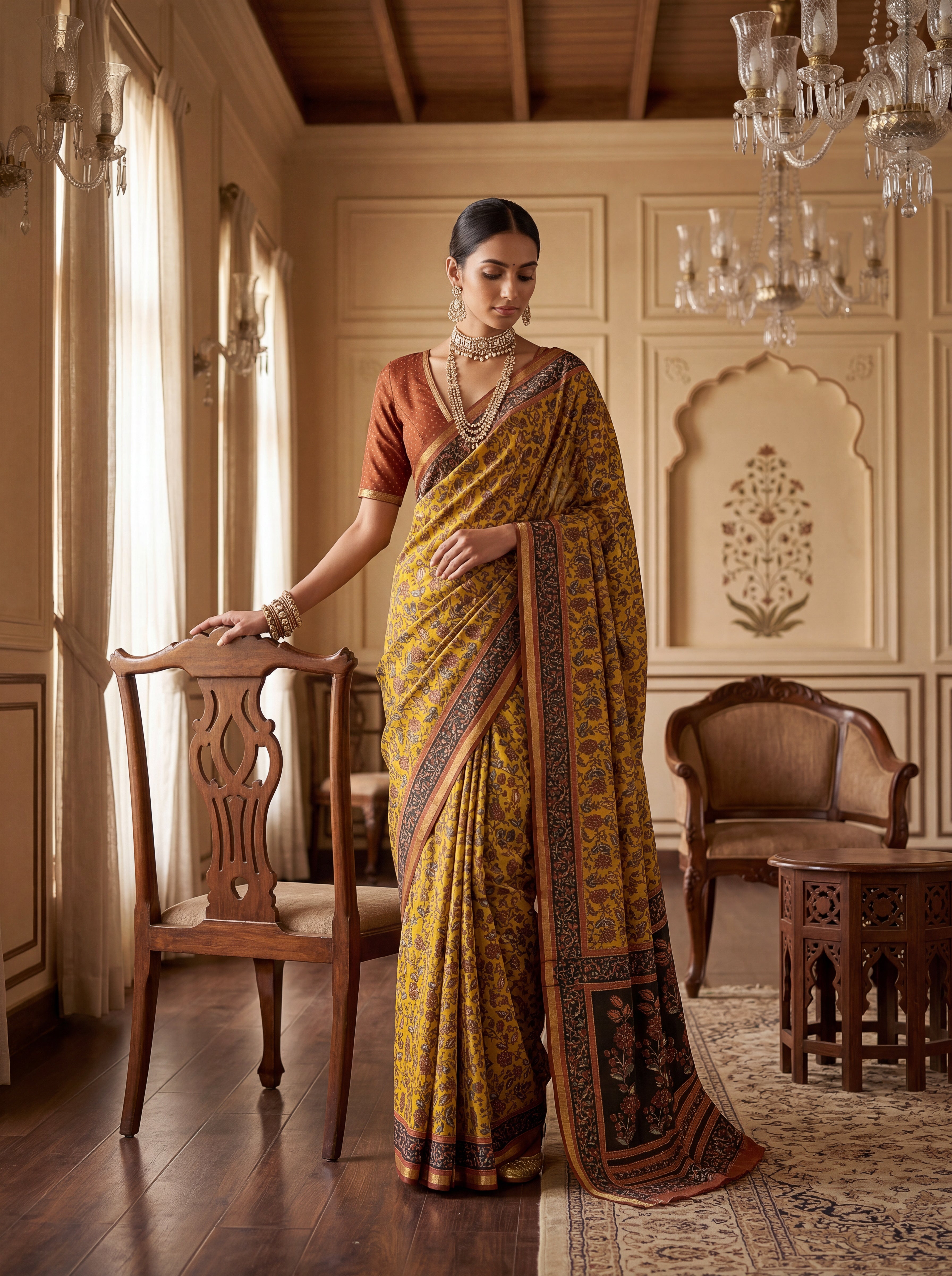Ethnic Floral Print Saree with Contrast Border