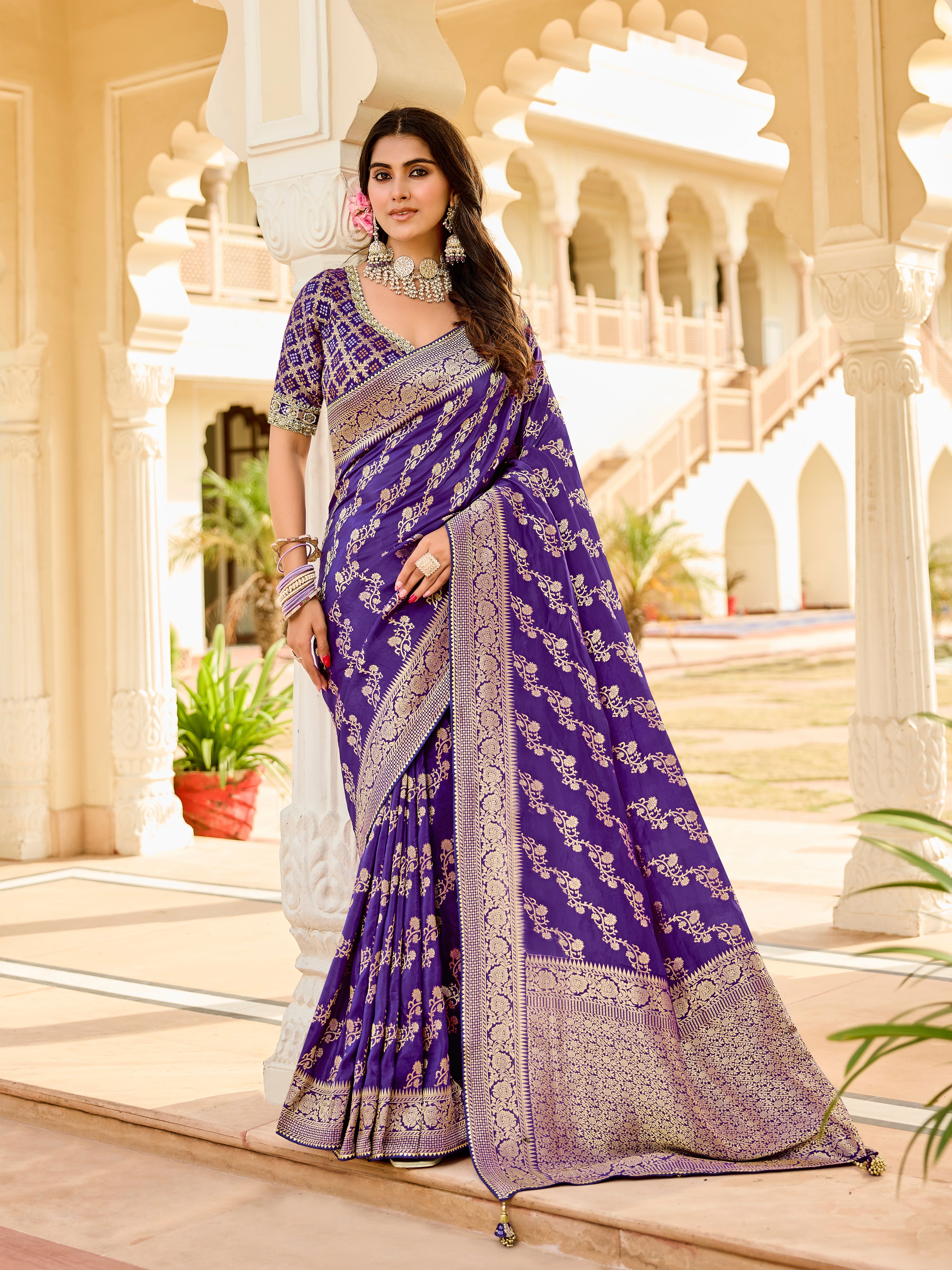 Festive Wear Jade Blue Saree with Golden Detailing - Krishree