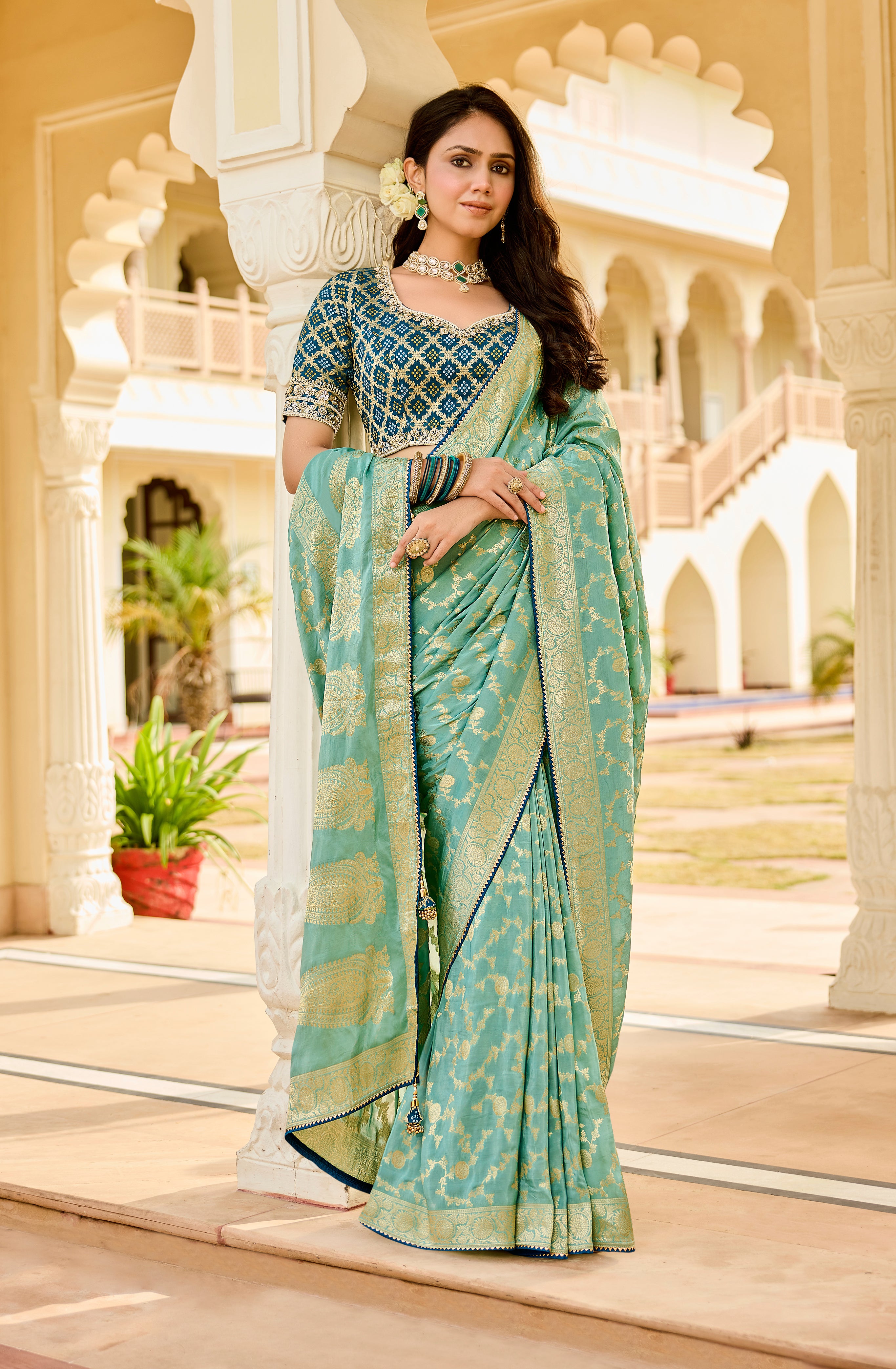 Elegant Sea Green Saree with Golden Weaving - Krishree