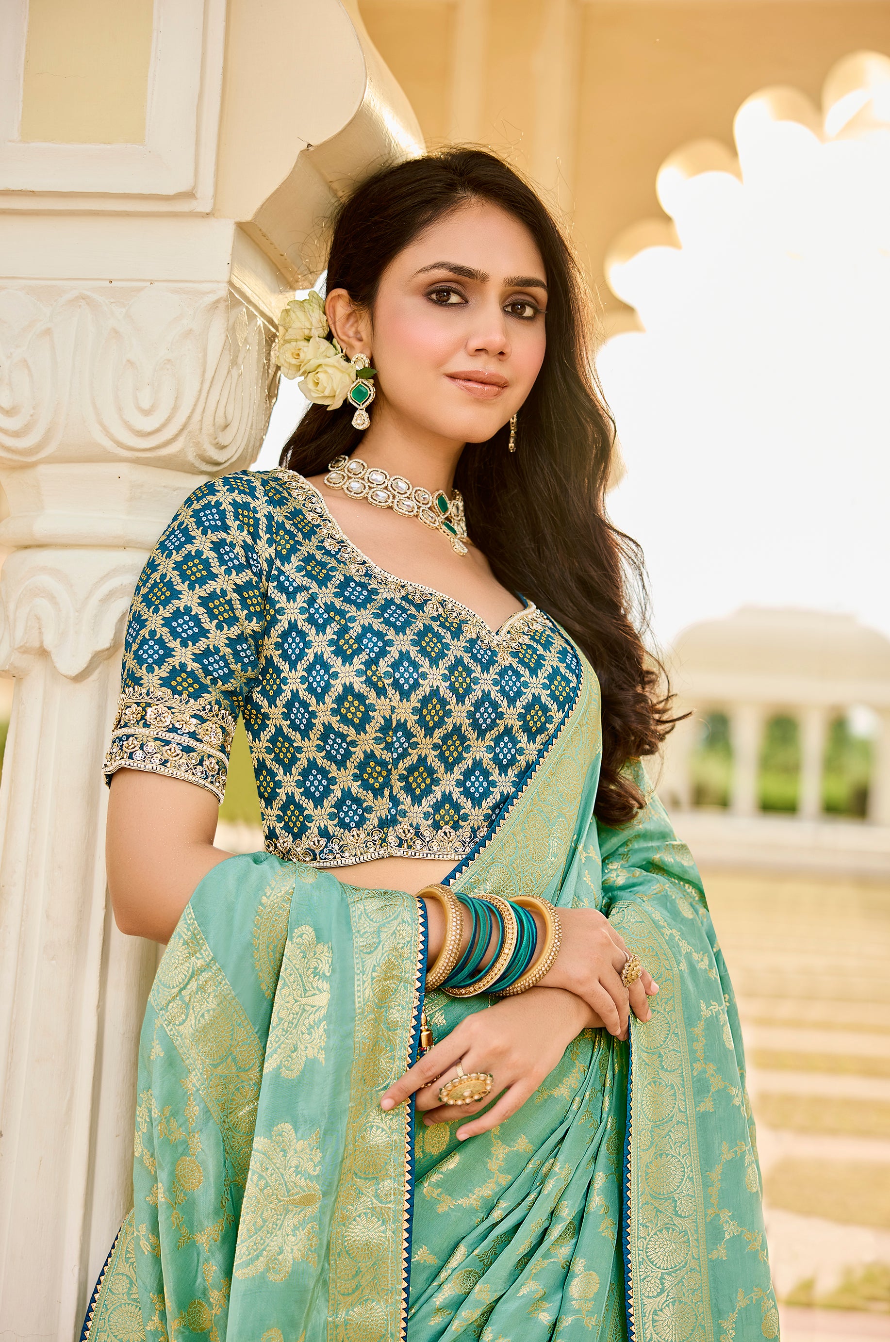Elegant Sea Green Saree with Golden Weaving - Krishree