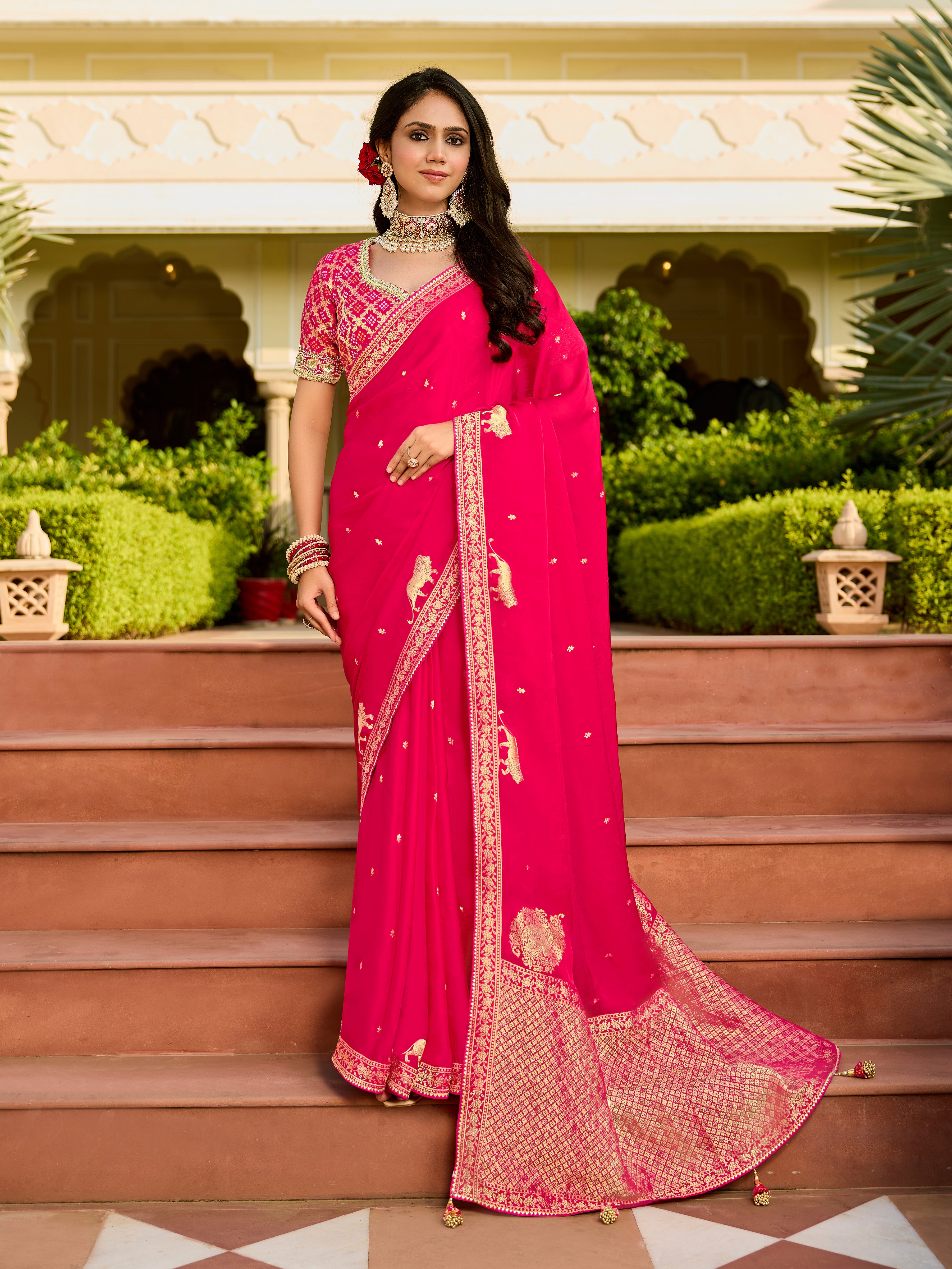 Bright Pink Saree with Embroidered Blouse | Elegant Festive & Wedding Wear - Krishree