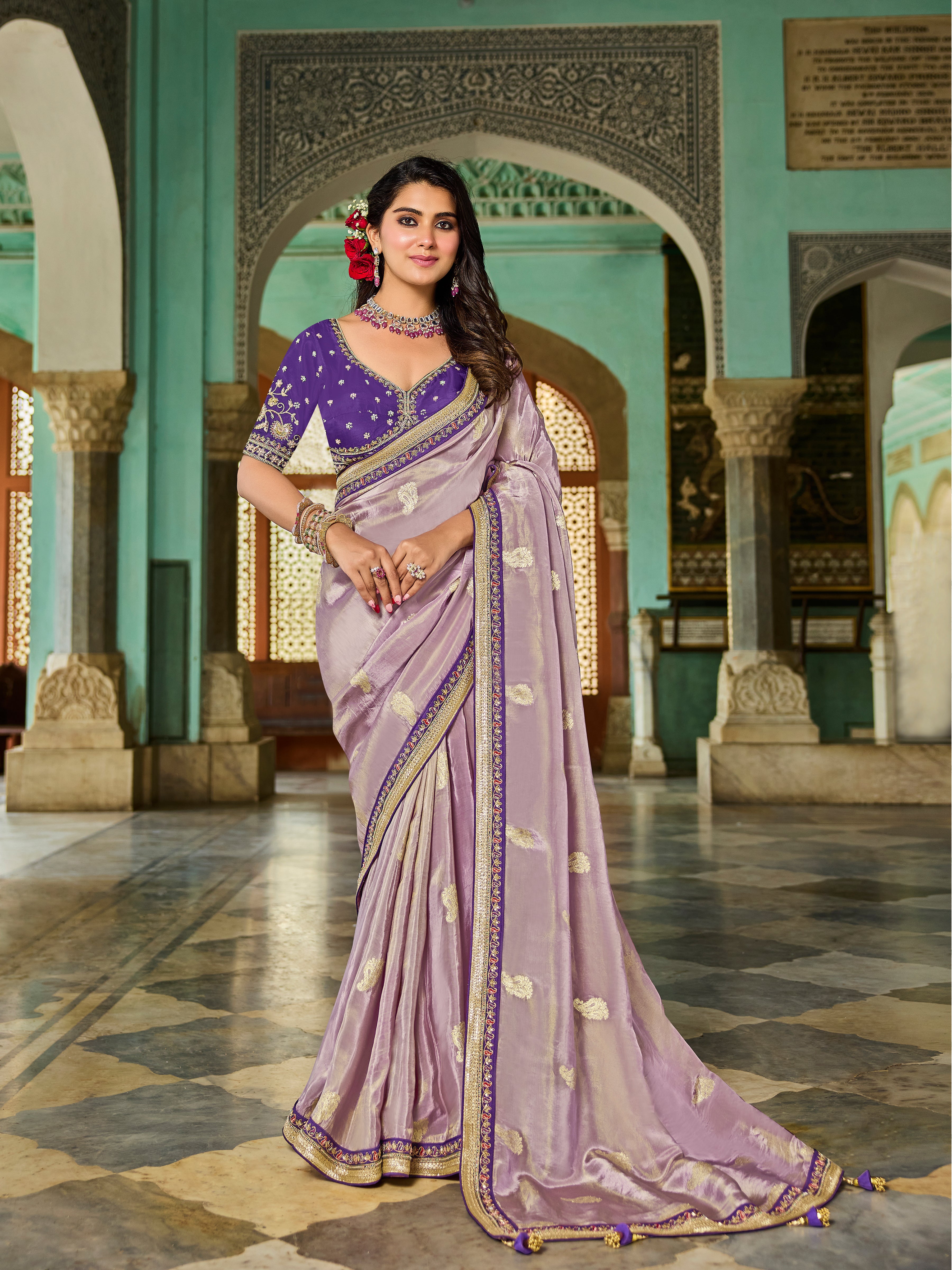 Orchid Purple Viscose Saree with Purple Embroidered Blouse - Krishree
