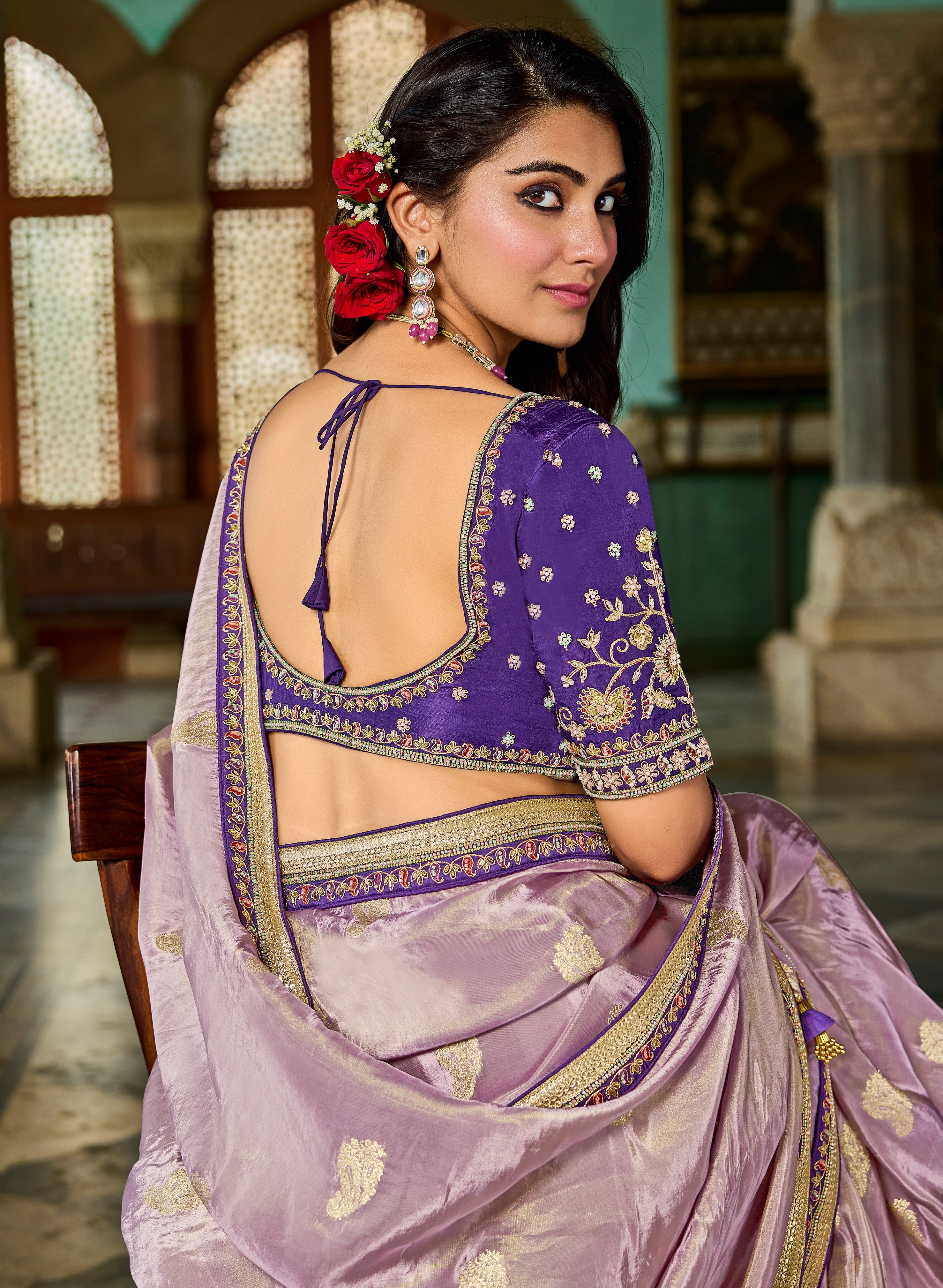 Orchid Purple Viscose Saree with Purple Embroidered Blouse - Krishree