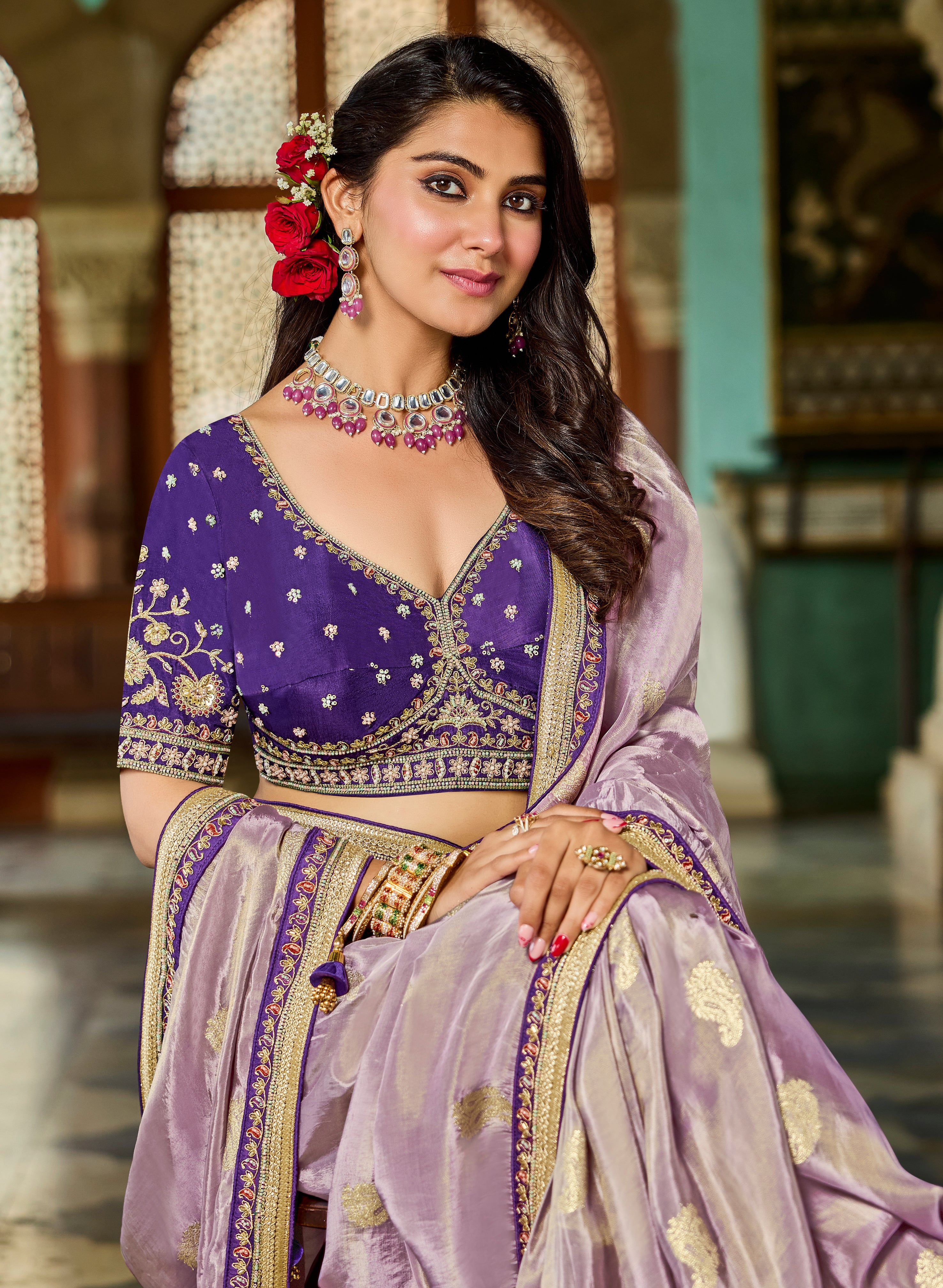 Orchid Purple Viscose Saree with Purple Embroidered Blouse - Krishree