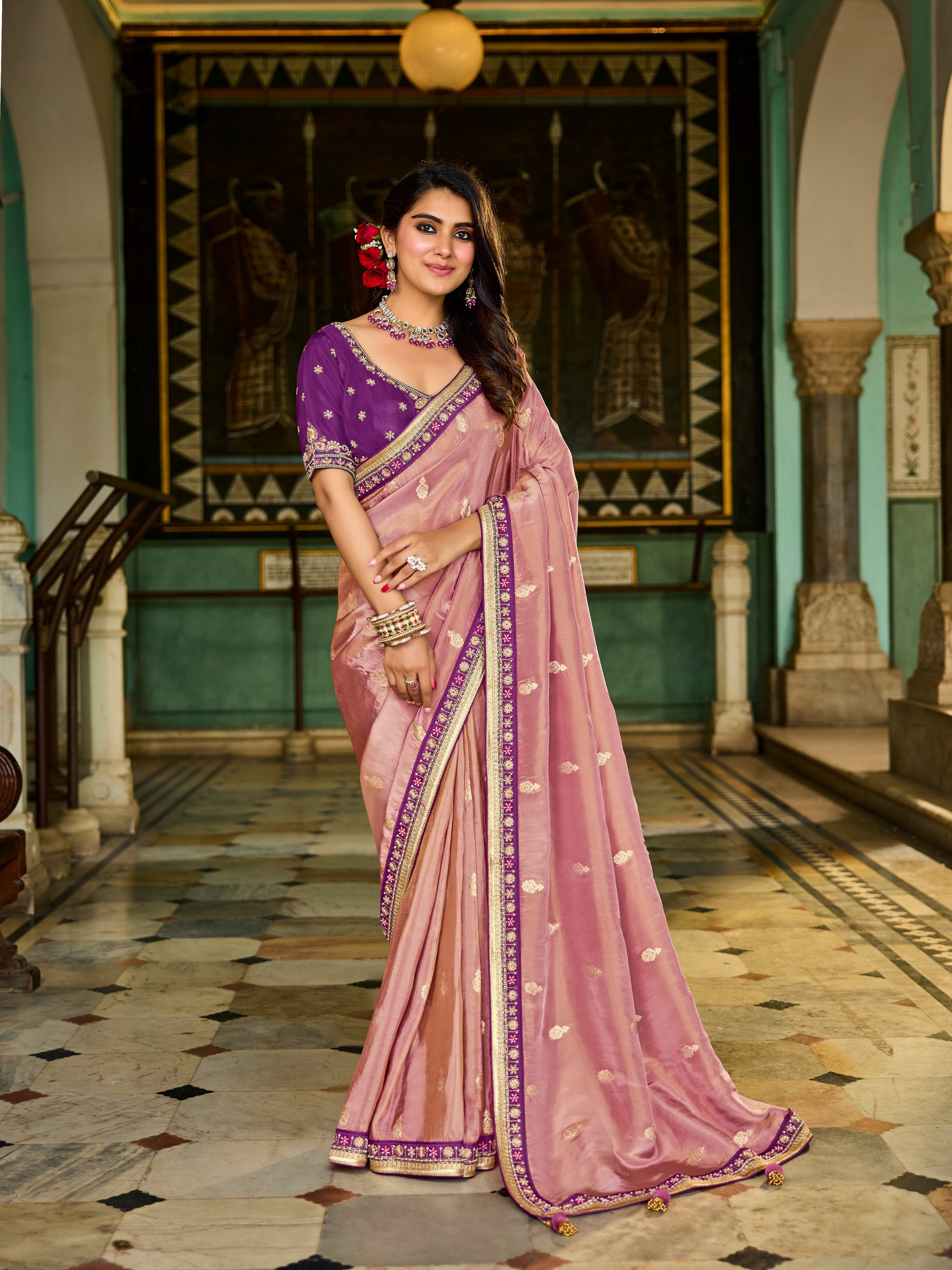 Pastel Pink Viscose Saree with Purple Blouse - Krishree