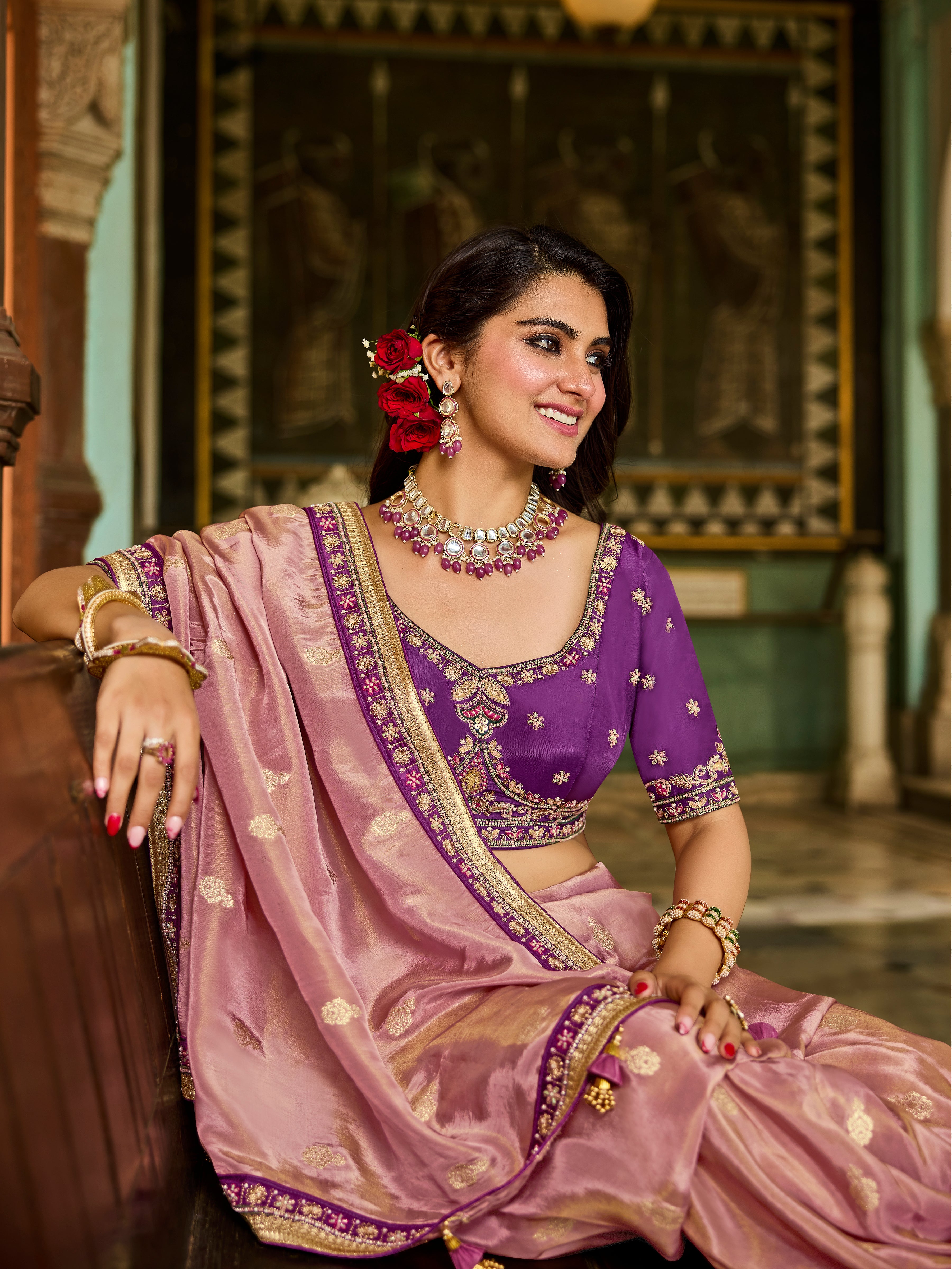 Pastel Pink Viscose Saree with Purple Blouse - Krishree