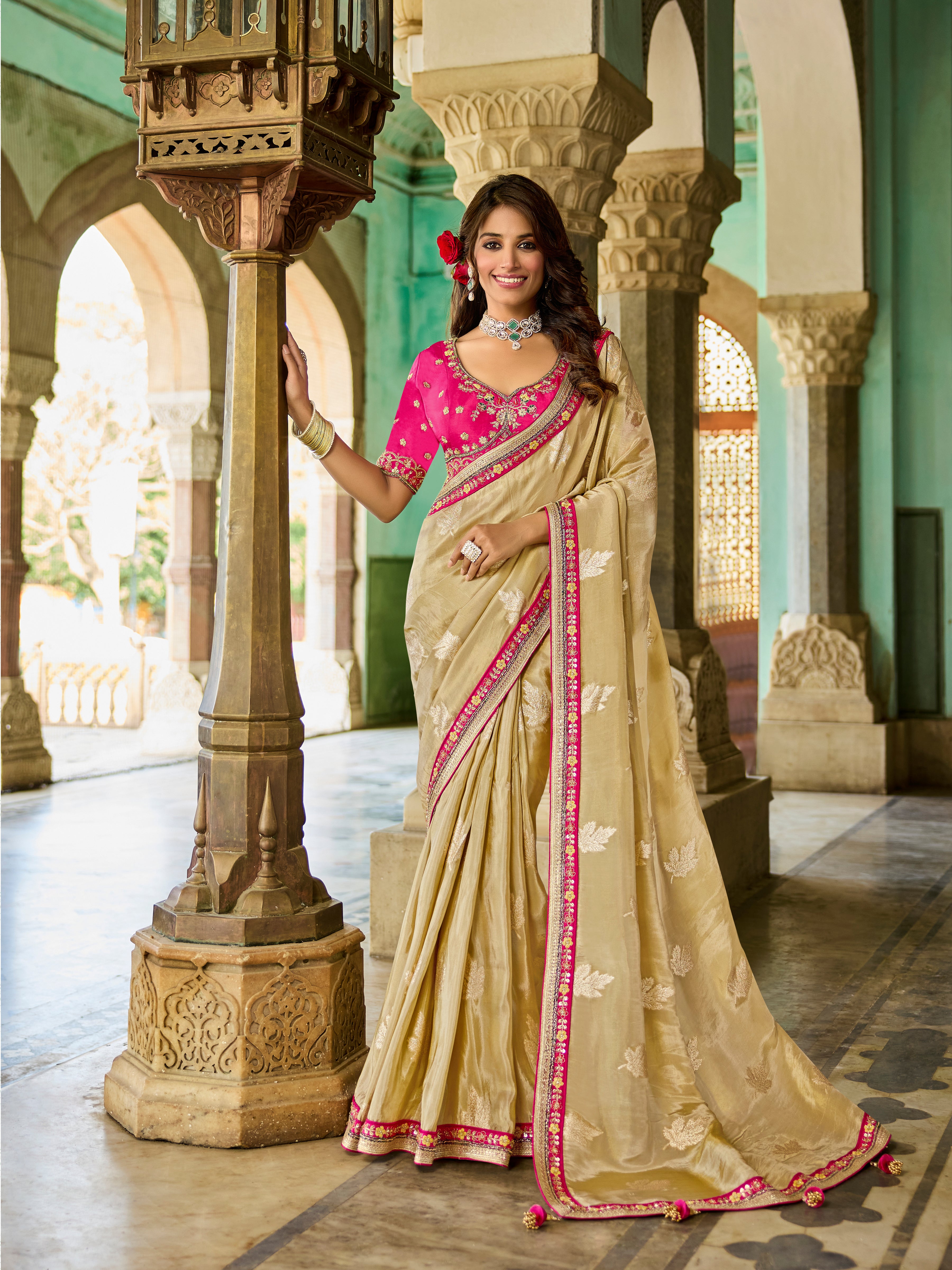 Ivory Saree with Pink Embroidery - Krishree