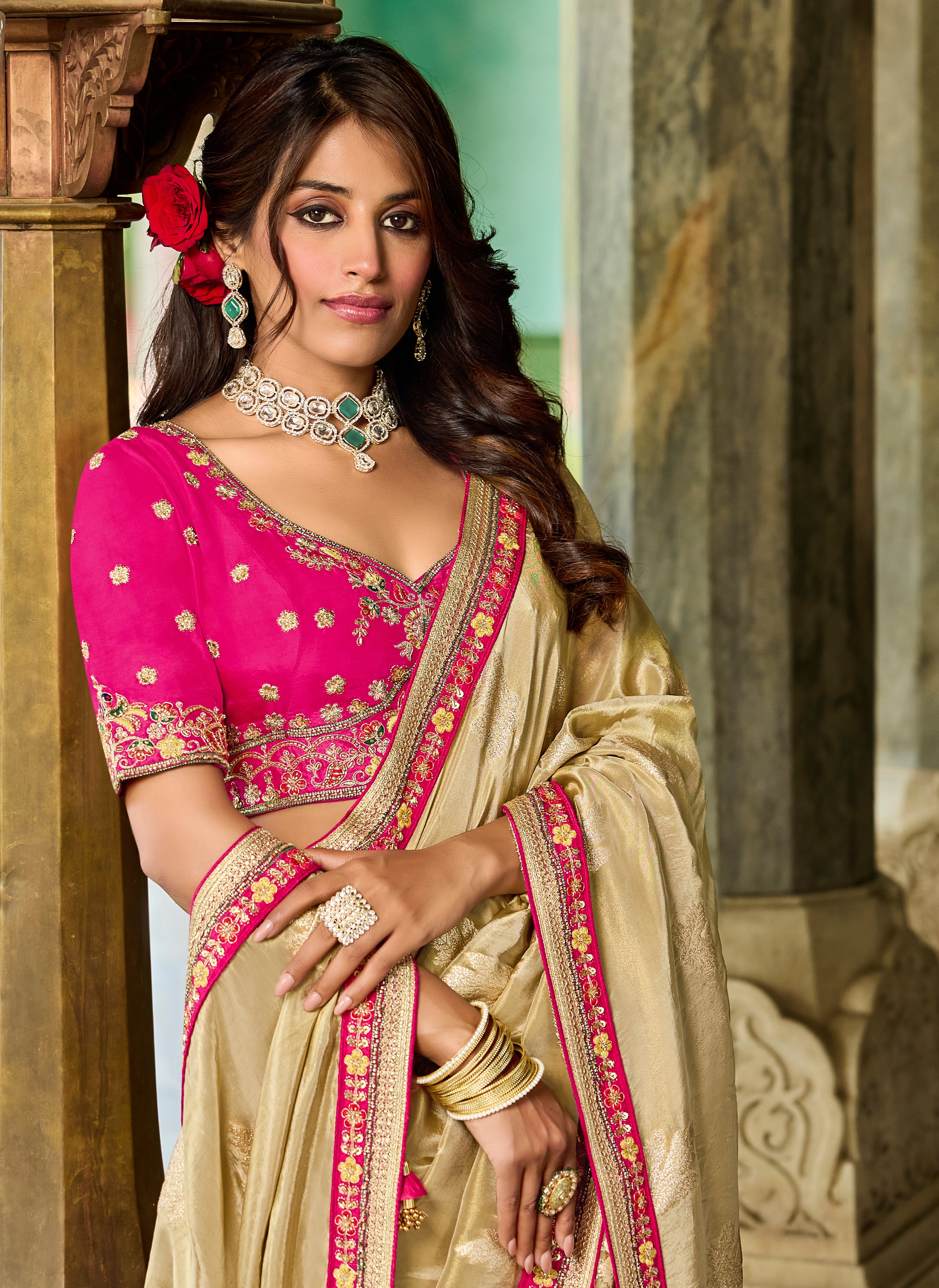 Ivory Saree with Pink Embroidery - Krishree